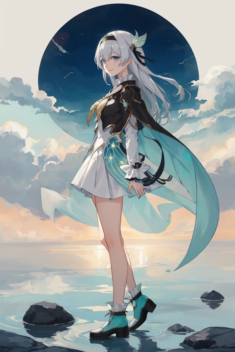 best quality, masterpiece, highres, ,firefly \(honkai: star rail\), 1girl, solo, long hair, smile, blue eyes, closed mouth, looking at viewer, outdoors, bangs, long sleeves, hair ornament, hairband, hair between eyes, cloudy sky, turquoise cape, blue sky, star \(sky\), night sky, white hair, full body, white shirt,  viewed from side, flowing white skirt, revealing thighs, standing 