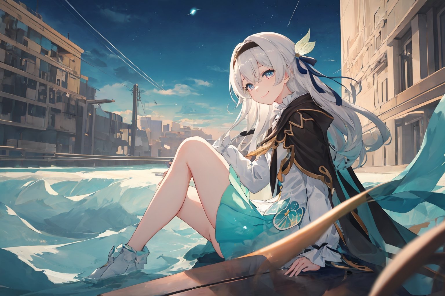 best quality, masterpiece, highres, ,firefly \(honkai: star rail\), 1girl, solo, long hair, smile, blue eyes, closed mouth, looking at viewer, outdoors, bangs, long sleeves, hair ornament, hairband, hair between eyes, cloudy sky, turquoise cape, blue sky, star \(sky\), night sky, white hair, full body, white shirt,  viewed from side, flowing white skirt, revealing thighs, sitting_down, thigh