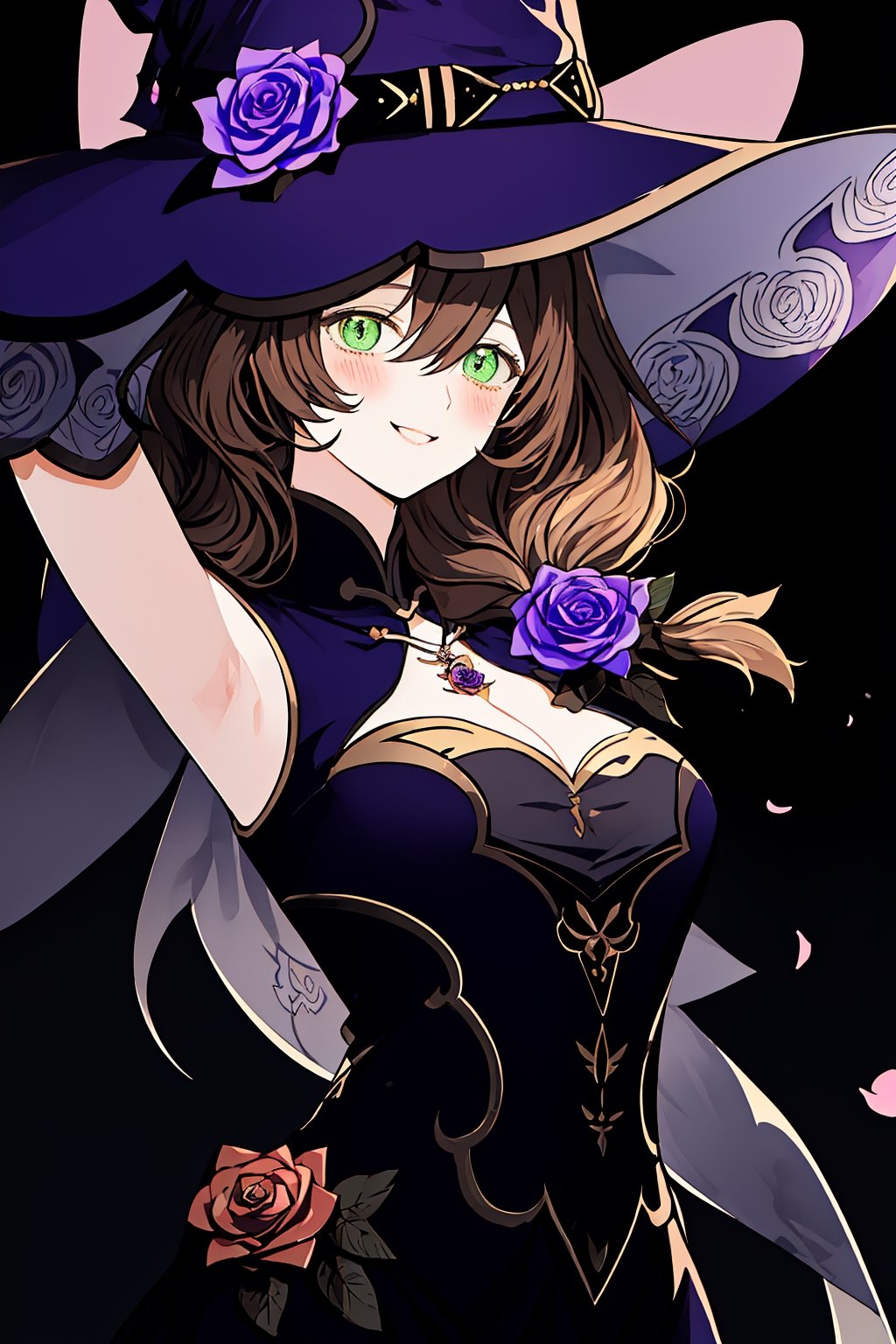 best quality, masterpiece, highres, solo, long_hair, green_eyes, bangs, brown_hair, flower, breasts, smile, hat, rose, cleavage, large_breasts, purple_flower, witch_hat, hair_between_eyes, purple_headwear, hair_ornament, jewelry, hair_flower, purple_rose, hat_flower, blush,lisa_genshin,portrait,dark background, simple dark background,  dark background ,full_body,long_hair,illustration,line anime, arms_above_head, armpits, face close-up 