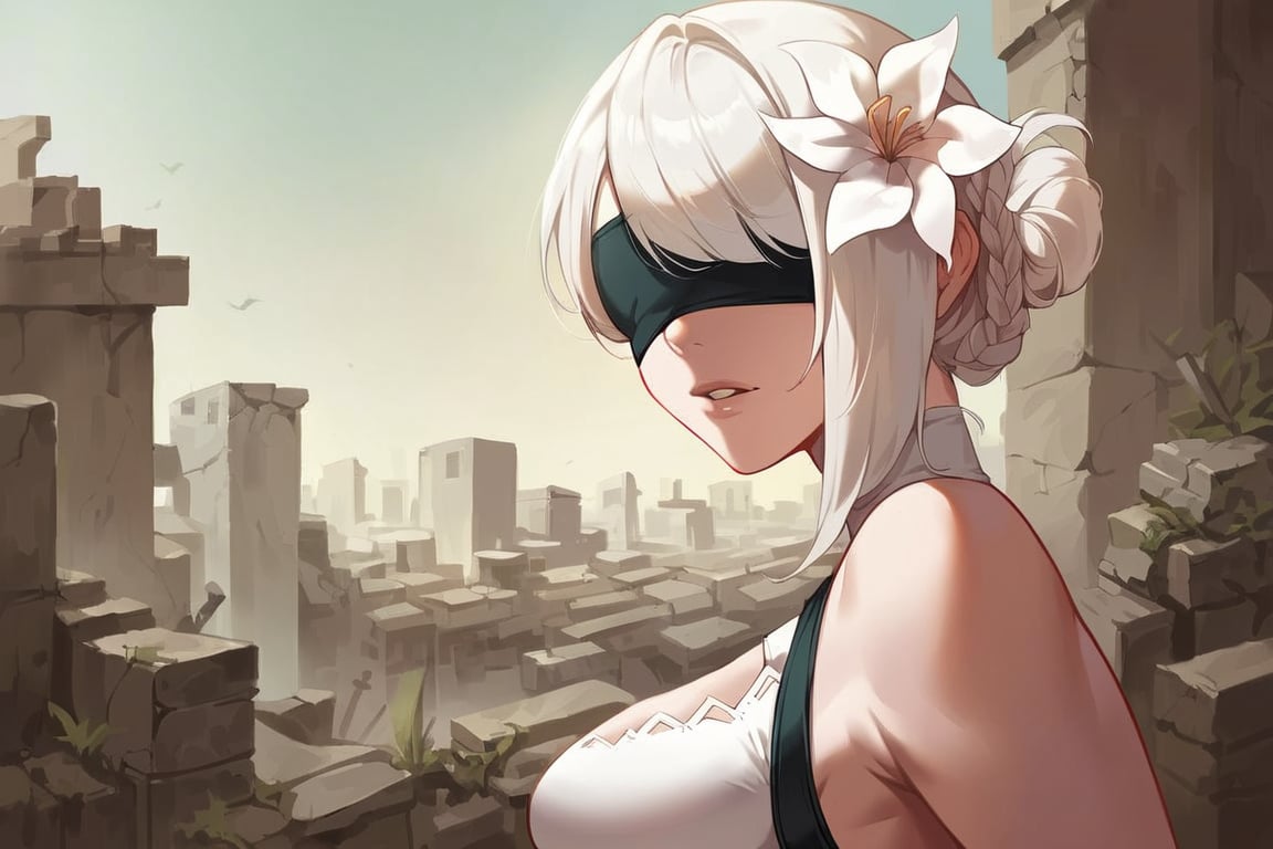 score_9, score_8_up, score_7_up, score_6_up, source_anime, BREAK masterpiece, KaineRep, white hair, breasts, asymmetrical hair, braid, hair flower, blindfold, 2b (nier:automata) (cosplay), ruins, city, overgrown vegetation, parted lips, , viewed from side,lines , line art , black and white art , asthetic wallpaper, simplistic and asthetic , 