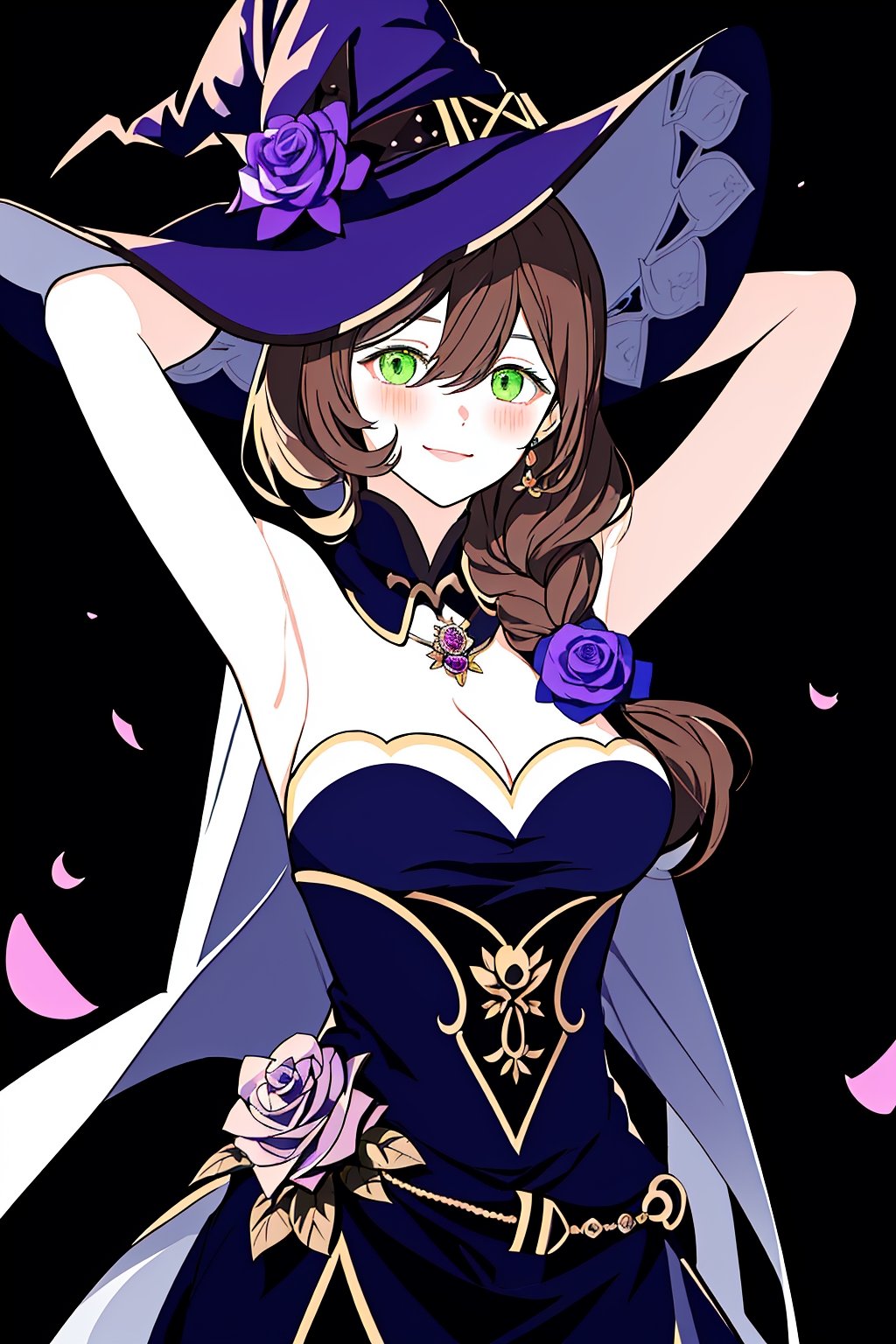 best quality, masterpiece, highres, solo, long_hair, green_eyes, bangs, brown_hair, flower, breasts, smile, hat, rose, cleavage, large_breasts, purple_flower, witch_hat, hair_between_eyes, purple_headwear, hair_ornament, jewelry, hair_flower, purple_rose, hat_flower, blush,lisa_genshin,portrait,dark background, simple dark background,  dark background ,full_body,long_hair,illustration,line anime, arms_above_head, armpits, face close-up 