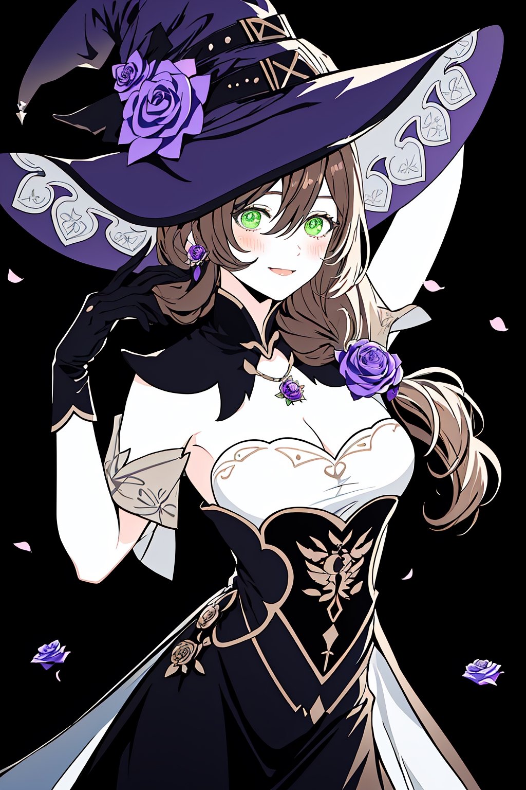 best quality, masterpiece, highres, solo, long_hair, green_eyes, bangs, brown_hair, flower, breasts, smile, hat, rose, cleavage, large_breasts, purple_flower, witch_hat, hair_between_eyes, purple_headwear, hair_ornament, jewelry, hair_flower, purple_rose, hat_flower, blush,lisa_genshin,portrait,dark background, simple dark background,  dark background ,full_body,long_hair,illustration,line anime, arms_above_head, armpits, face close-up 