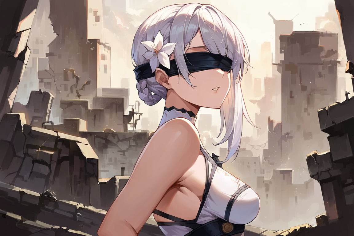 score_9, score_8_up, score_7_up, score_6_up, source_anime, BREAK masterpiece, KaineRep, white hair, breasts, asymmetrical hair, braid, hair flower, blindfold, 2b (nier:automata) (cosplay), ruins, city, overgrown vegetation, parted lips, , viewed from side