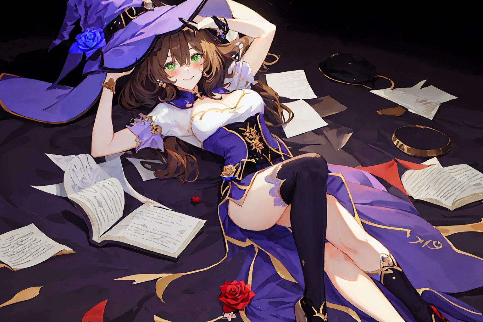 best quality, masterpiece, highres, solo, short_hair, green_eyes, bangs, brown_hair, flower, breasts, smile, hat, rose, cleavage, medium_breasts, purple_flower, witch_hat, hair_between_eyes, purple_headwear, hair_ornament, jewelry, hair_flower, purple_rose, hat_flower, blush,lisa_genshin,portrait,dark background, simple dark background,  dark background ,full_body,long_hair,illustration,line anime,, full_body, laying_down,arms_above_head, armpit, crossed_legs_(lying)