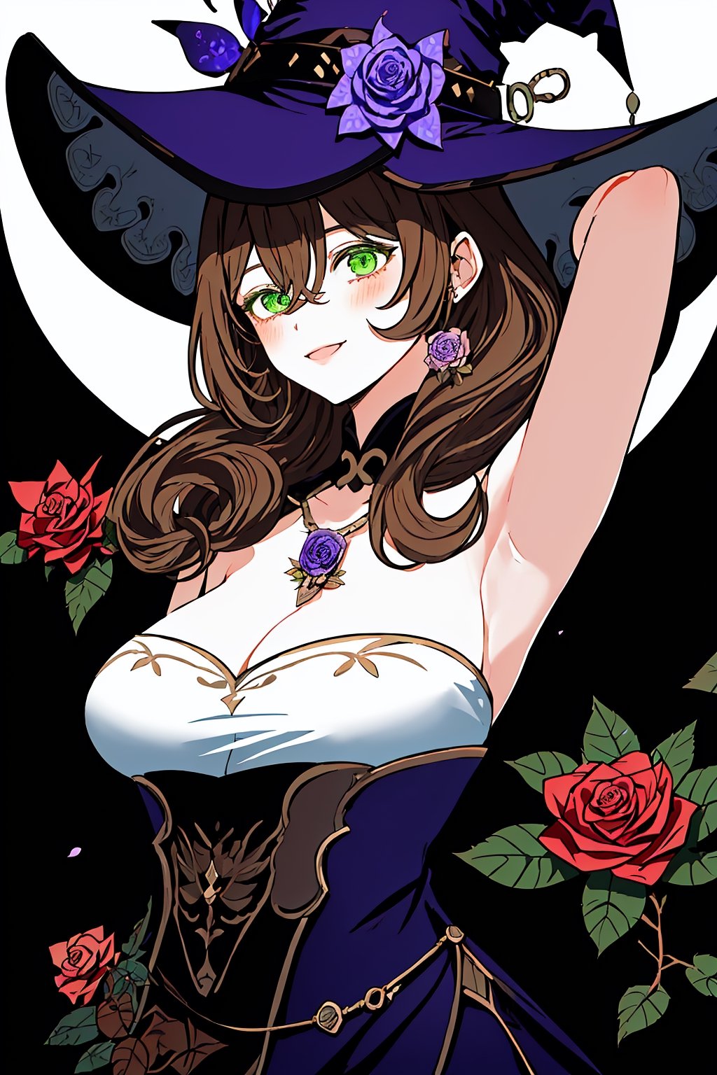 best quality, masterpiece, highres, solo, long_hair, green_eyes, bangs, brown_hair, flower, breasts, smile, hat, rose, cleavage, large_breasts, purple_flower, witch_hat, hair_between_eyes, purple_headwear, hair_ornament, jewelry, hair_flower, purple_rose, hat_flower, blush,lisa_genshin,portrait,dark background, simple dark background,  dark background ,full_body,long_hair,illustration,line anime, arms_above_head, armpits, face close-up 