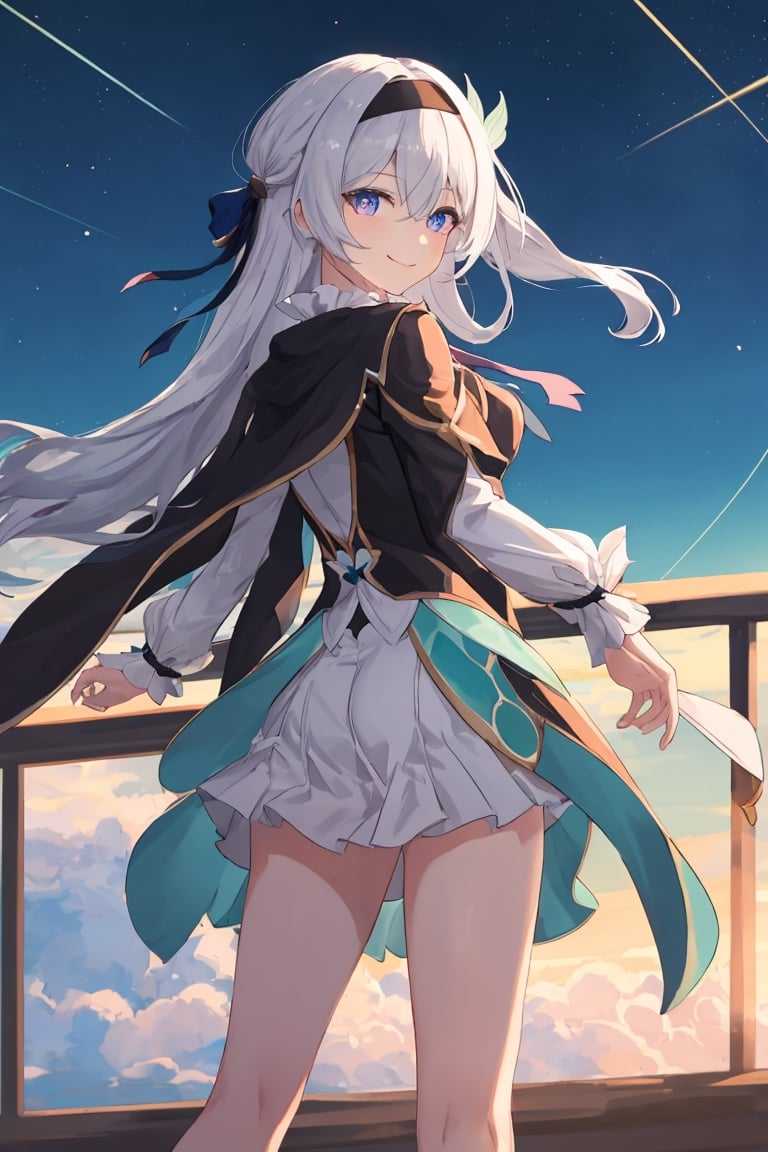 best quality, masterpiece, highres, ,firefly \(honkai: star rail\), 1girl, solo, long hair, smile, blue eyes, closed mouth, looking at viewer, outdoors, bangs, long sleeves, hair ornament, hairband, hair between eyes, cloudy sky, red cape, blue sky, star \(sky\), night sky, white hair, full body, white shirt, railing, viewed from behind , bending_over