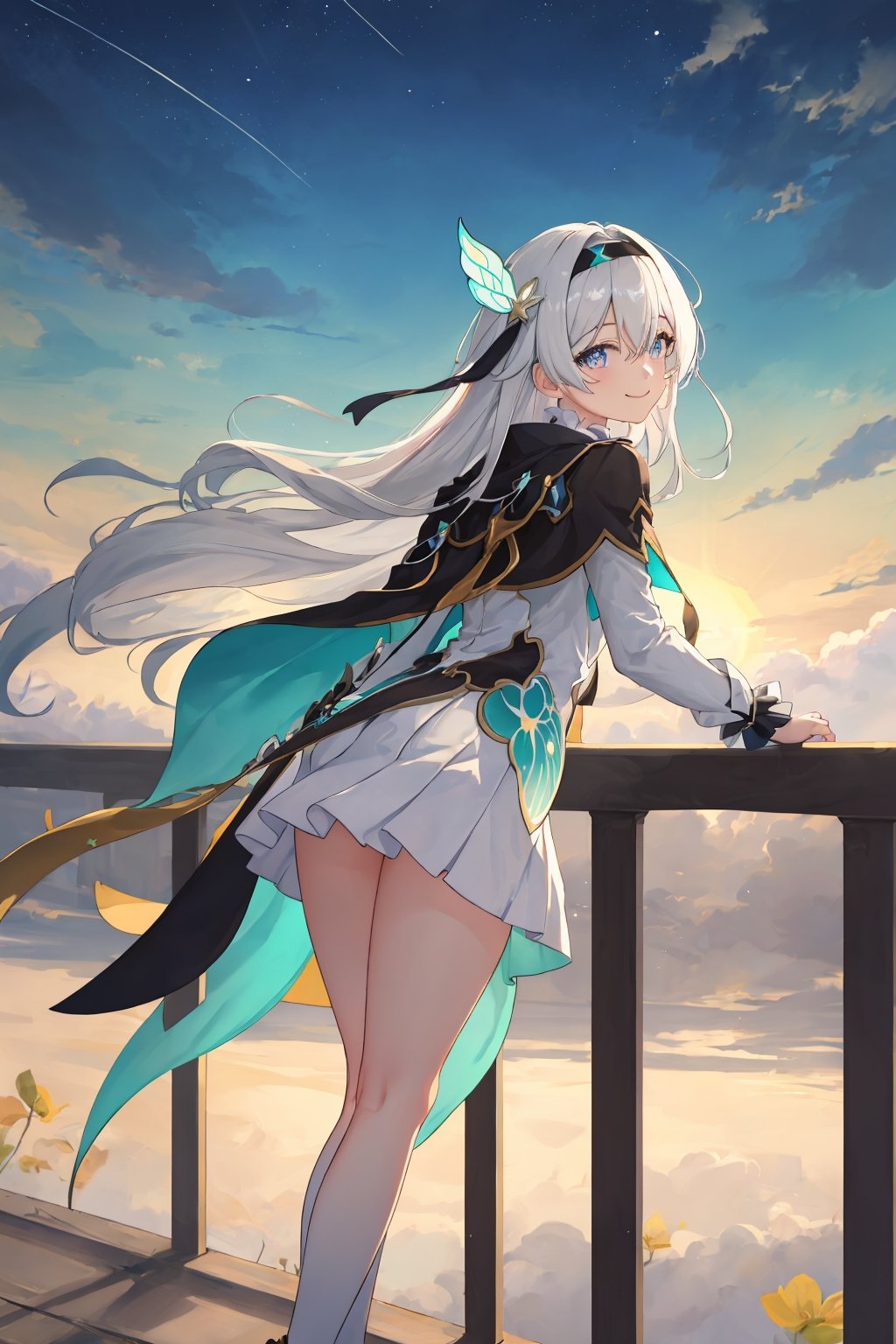 best quality, masterpiece, highres, ,firefly \(honkai: star rail\), 1girl, solo, long hair, smile, blue eyes, closed mouth, looking at viewer, outdoors, bangs, long sleeves, hair ornament, hairband, hair between eyes, cloudy sky, turquoise cape, blue sky, star \(sky\), night sky, white hair, full body, white shirt, railing, viewed from front , white skirt, revealing thighs, leaning_back, standing far away, high camera angle