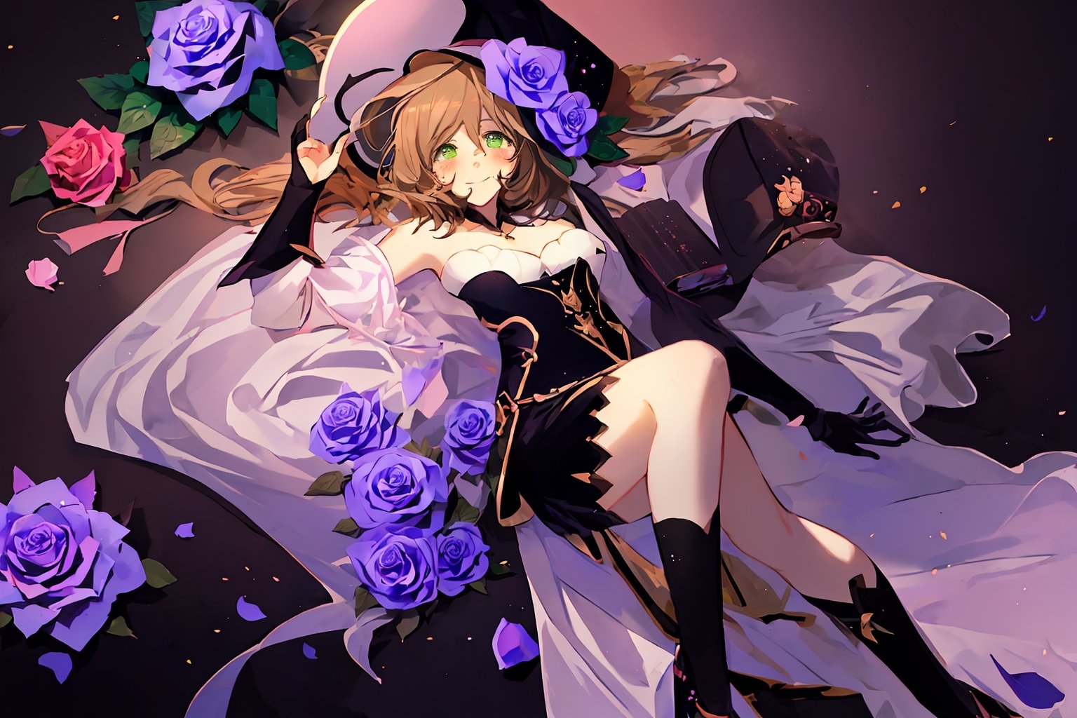 best quality, masterpiece, highres, solo, short_hair, green_eyes, bangs, brown_hair, flower, breasts, smile, hat, rose, cleavage, medium_breasts, purple_flower, witch_hat, hair_between_eyes, purple_headwear, hair_ornament, jewelry, hair_flower, purple_rose, hat_flower, blush,lisa_genshin,portrait,dark background, simple dark background,  dark background ,full_body,long_hair,illustration,line anime,, full_body, laying_down,