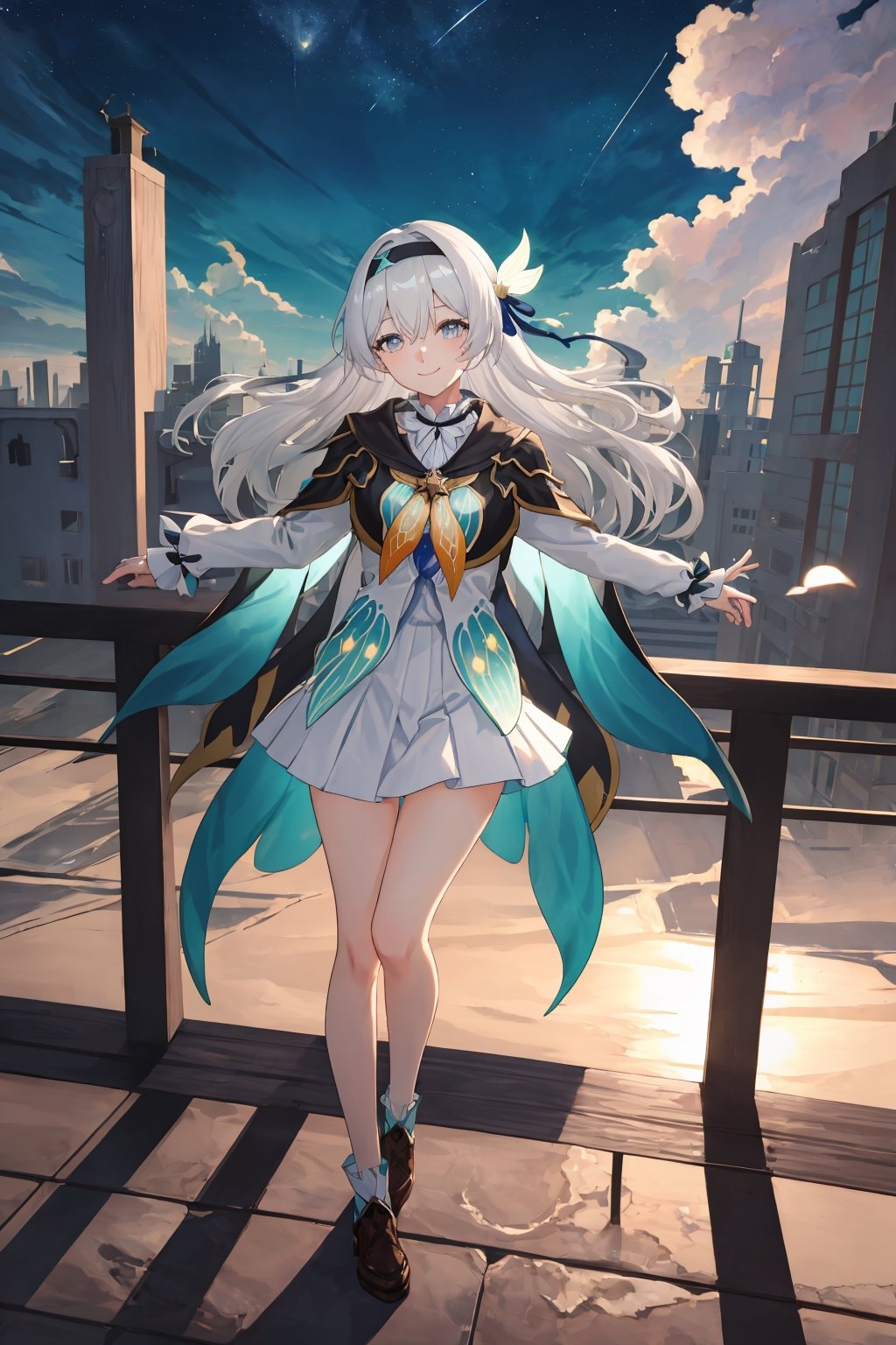 best quality, masterpiece, highres, ,firefly \(honkai: star rail\), 1girl, solo, long hair, smile, blue eyes, closed mouth, looking at viewer, outdoors, bangs, long sleeves, hair ornament, hairband, hair between eyes, cloudy sky, turquoise cape, blue sky, star \(sky\), night sky, white hair, full body, white shirt, railing, viewed from front , white skirt, revealing thighs, leaning_back, standing far away, high camera angle shot, upshot