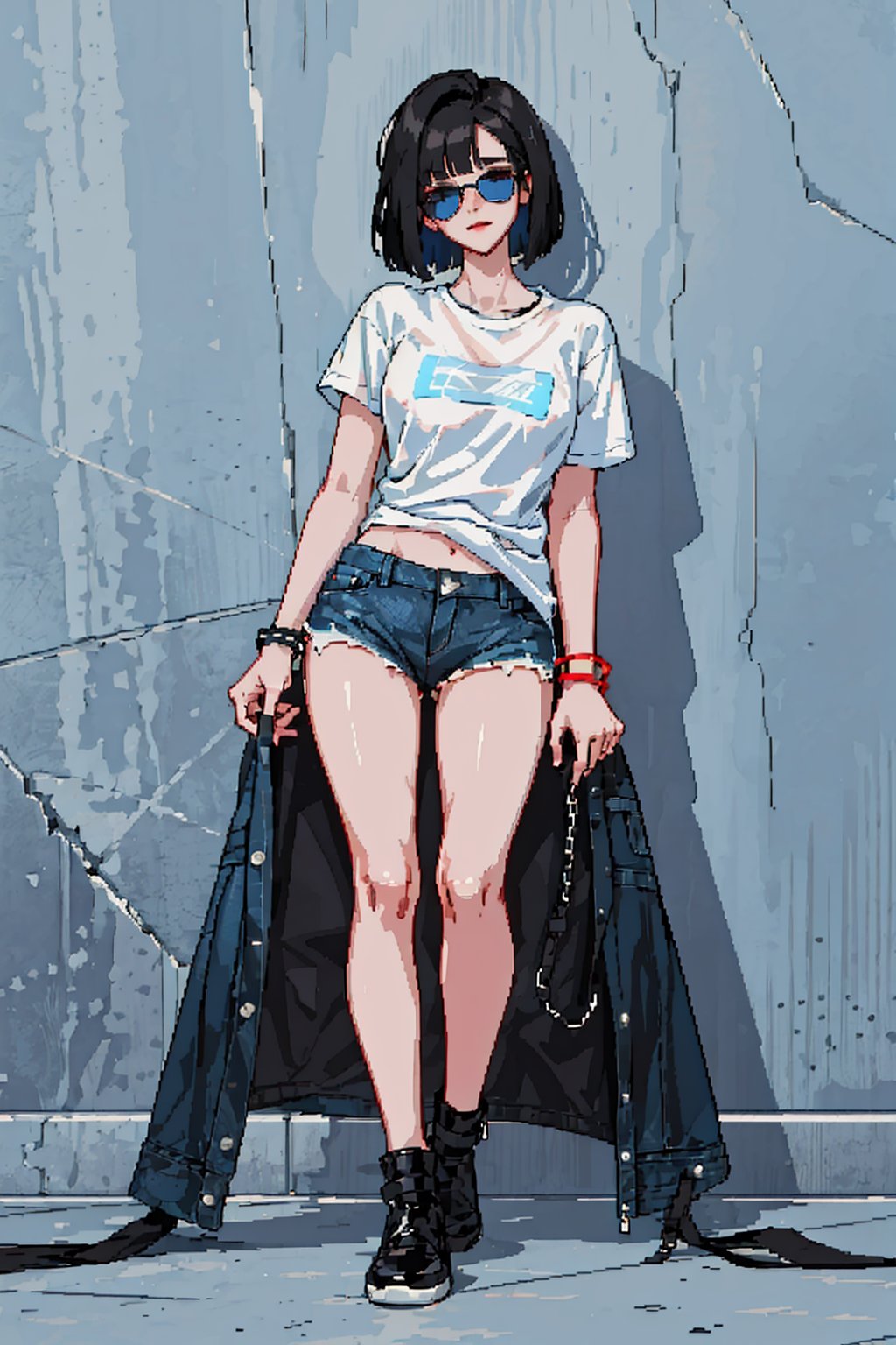 (masterpiece:1.2, best quality), 1lady, solo, full body
Elegant and casual white tshirt with simple designs
makeup,(blue theme)
,alternative blue solid color background,
wearing extremely short jeans,bewitching thighs,smooth thighs,
sleek bob, wearing black face mask,black_hair,red arm_bracelet,sexy,wearing loose sunglasses,visible v line ,visible waist,pixel_art