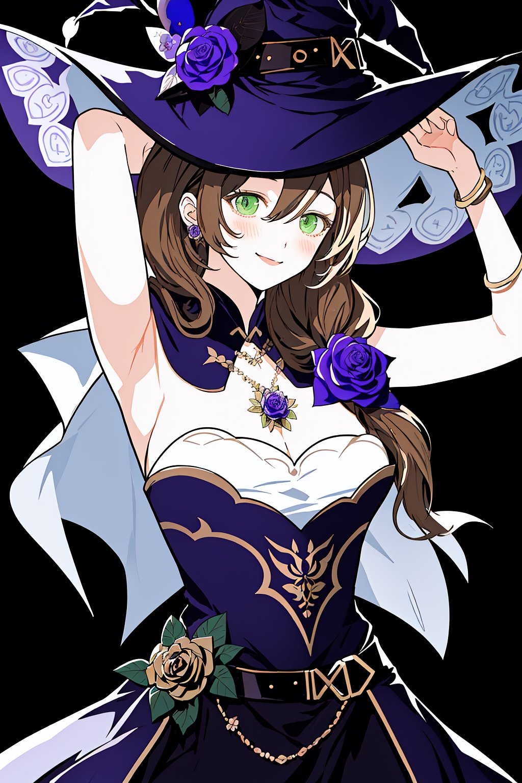 best quality, masterpiece, highres, solo, long_hair, green_eyes, bangs, brown_hair, flower, breasts, smile, hat, rose, cleavage, large_breasts, purple_flower, witch_hat, hair_between_eyes, purple_headwear, hair_ornament, jewelry, hair_flower, purple_rose, hat_flower, blush,lisa_genshin,portrait,dark background, simple dark background,  dark background ,full_body,long_hair,illustration,line anime, arms_above_head, armpits, face close-up 