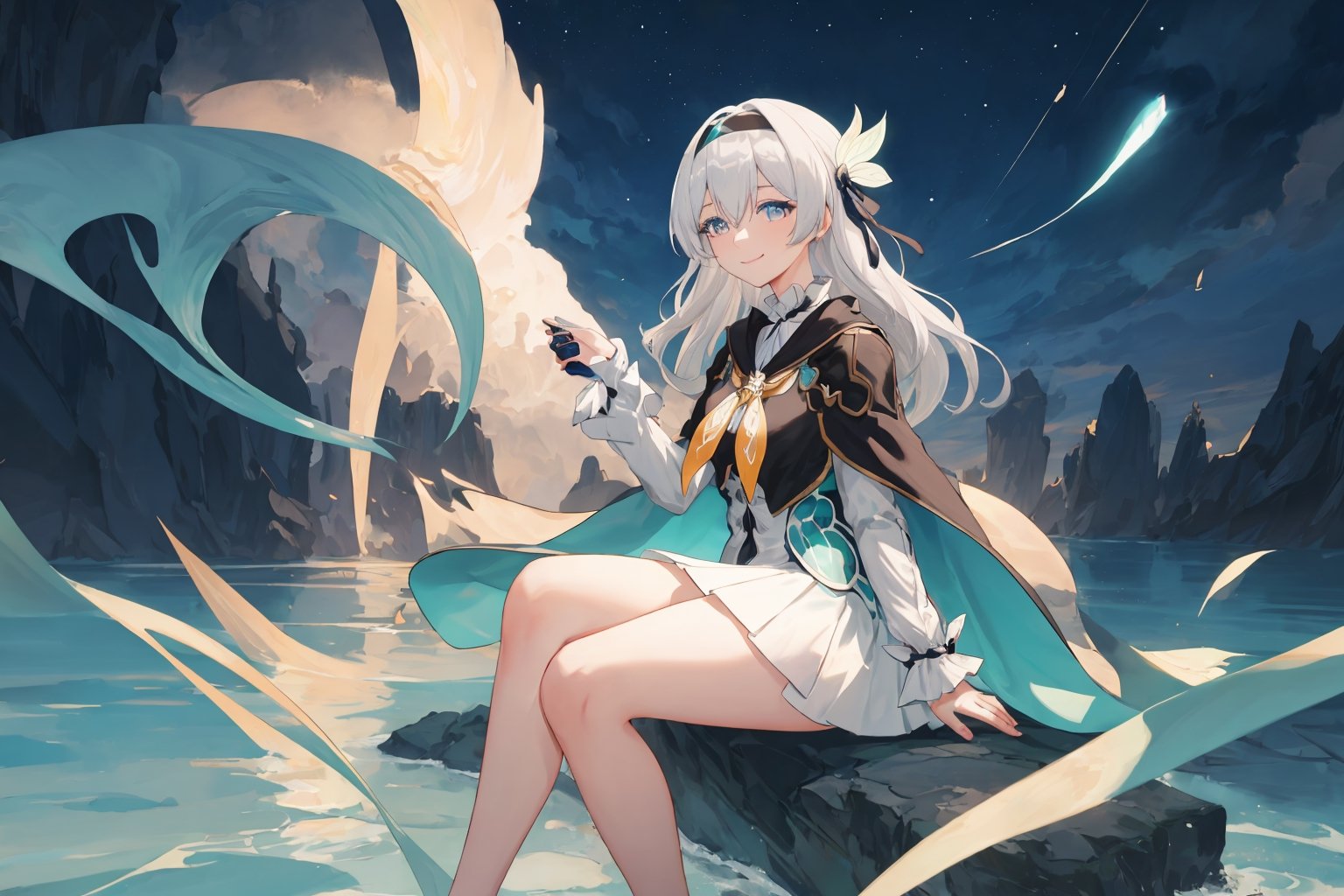 best quality, masterpiece, highres, ,firefly \(honkai: star rail\), 1girl, solo, long hair, smile, blue eyes, closed mouth, looking at viewer, outdoors, bangs, long sleeves, hair ornament, hairband, hair between eyes, cloudy sky, turquoise cape, blue sky, star \(sky\), night sky, white hair, full body, white shirt,  viewed from side, flowing white skirt, revealing thighs, sitting_down, thigh