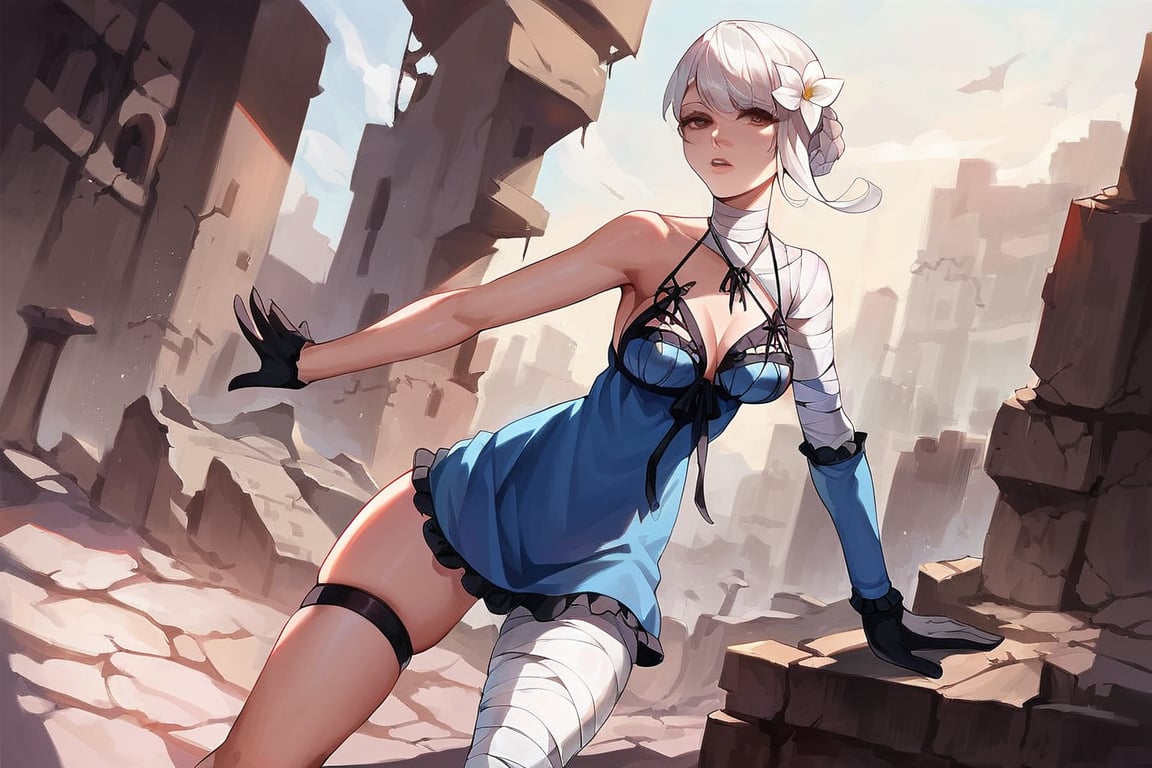 score_9, score_8_up, score_7_up, score_6_up, source_anime, BREAK masterpiece, , KaineRep, white hair, breasts, negligee, bandaged arm, bandaged leg, thigh strap, hair flower, braid, asymmetrical hair, asymmetrical legwear, gloves, parted lips,  , ruins, city, overgrown vegetation