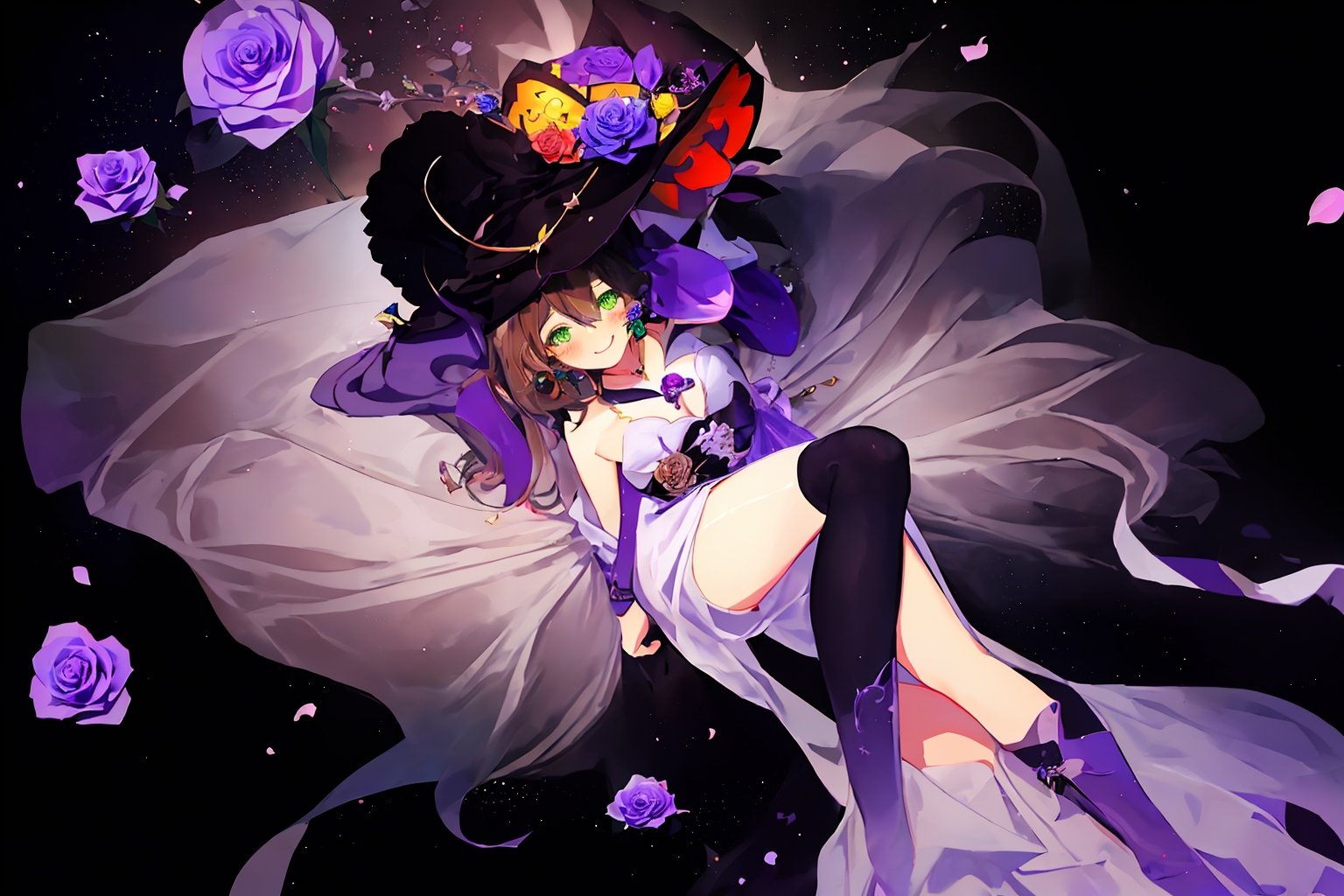 best quality, masterpiece, highres, solo, short_hair, green_eyes, bangs, brown_hair, flower, breasts, smile, hat, rose, cleavage, medium_breasts, purple_flower, witch_hat, hair_between_eyes, purple_headwear, hair_ornament, jewelry, hair_flower, purple_rose, hat_flower, blush,lisa_genshin,portrait,dark background, simple dark background,  dark background ,full_body,long_hair,illustration,line anime,, full_body, laying_down,