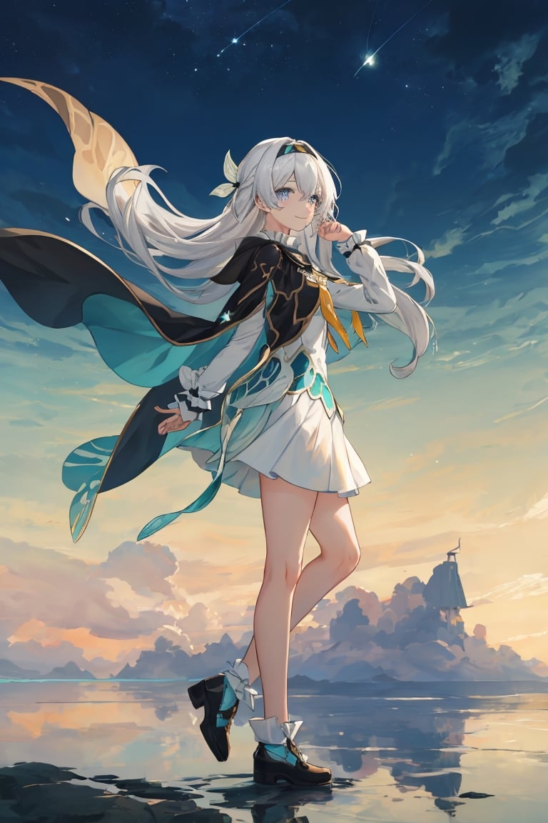 best quality, masterpiece, highres, ,firefly \(honkai: star rail\), 1girl, solo, long hair, smile, blue eyes, closed mouth, looking at viewer, outdoors, bangs, long sleeves, hair ornament, hairband, hair between eyes, cloudy sky, turquoise cape, blue sky, star \(sky\), night sky, white hair, full body, white shirt,  viewed from side, flowing white skirt, revealing thighs, standing 