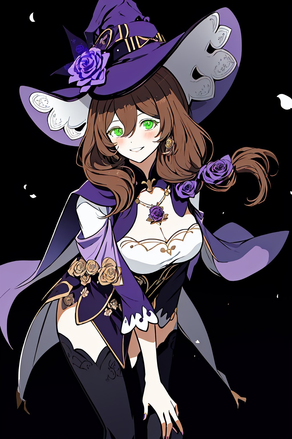 best quality, masterpiece, highres, solo, long_hair, green_eyes, bangs, brown_hair, flower, breasts, smile, hat, rose, cleavage, large_breasts, purple_flower, witch_hat, hair_between_eyes, purple_headwear, hair_ornament, jewelry, hair_flower, purple_rose, hat_flower, blush,lisa_genshin,portrait,dark background, simple dark background,  dark background , bending over , leaning_forward, leaning_forward  , standing and leaning,full_body,long_hair,illustration,line anime