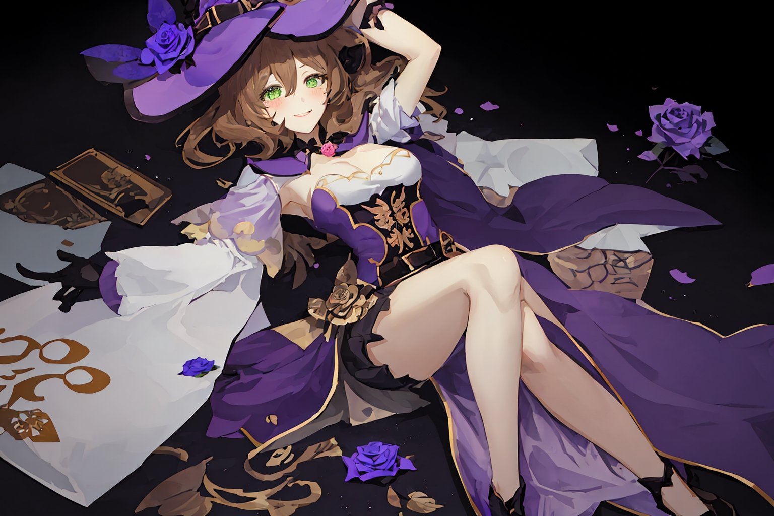 best quality, masterpiece, highres, solo, short_hair, green_eyes, bangs, brown_hair, flower, breasts, smile, hat, rose, cleavage, medium_breasts, purple_flower, witch_hat, hair_between_eyes, purple_headwear, hair_ornament, jewelry, hair_flower, purple_rose, hat_flower, blush,lisa_genshin,portrait,dark background, simple dark background,  dark background ,full_body,long_hair,illustration,line anime,, full_body, laying_down,arms_above_head, armpit, crossed_legs_(lying),sexy thighs 