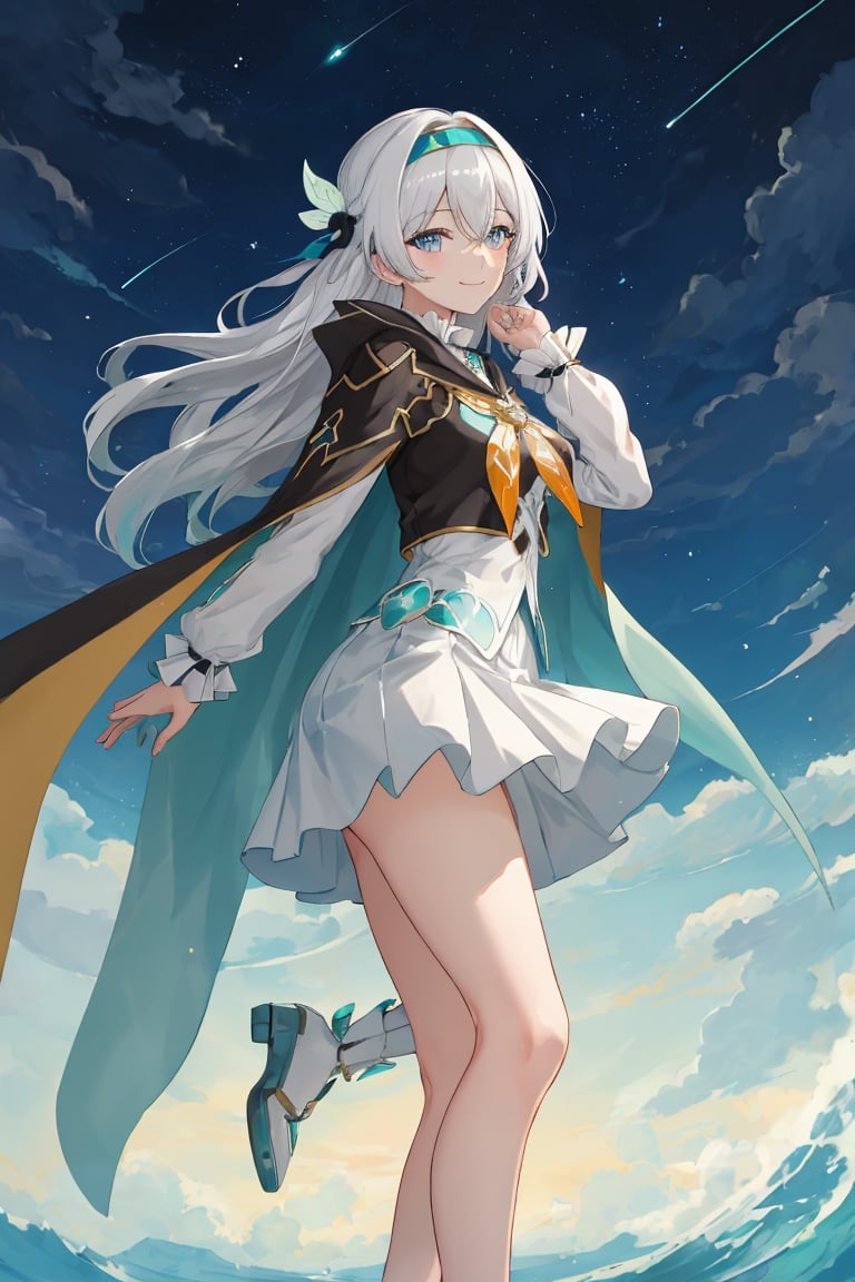 best quality, masterpiece, highres, ,firefly \(honkai: star rail\), 1girl, solo, long hair, smile, blue eyes, closed mouth, looking at viewer, outdoors, bangs, long sleeves, hair ornament, hairband, hair between eyes, cloudy sky, turquoise cape, blue sky, star \(sky\), night sky, white hair, full body, white shirt,  viewed from side, flowing white skirt, revealing thighs, standing 