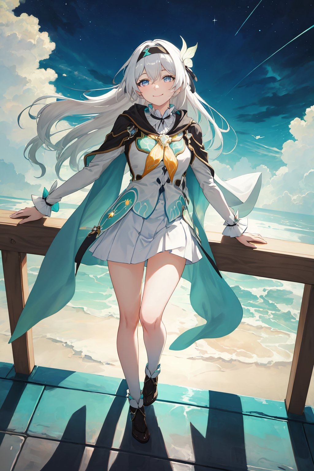 best quality, masterpiece, highres, ,firefly \(honkai: star rail\), 1girl, solo, long hair, smile, blue eyes, closed mouth, looking at viewer, outdoors, bangs, long sleeves, hair ornament, hairband, hair between eyes, cloudy sky, turquoise cape, blue sky, star \(sky\), night sky, white hair, full body, white shirt, railing, viewed from front , flowing white skirt, revealing thighs, leaning_back, standing far away, high camera angle shot, upshot