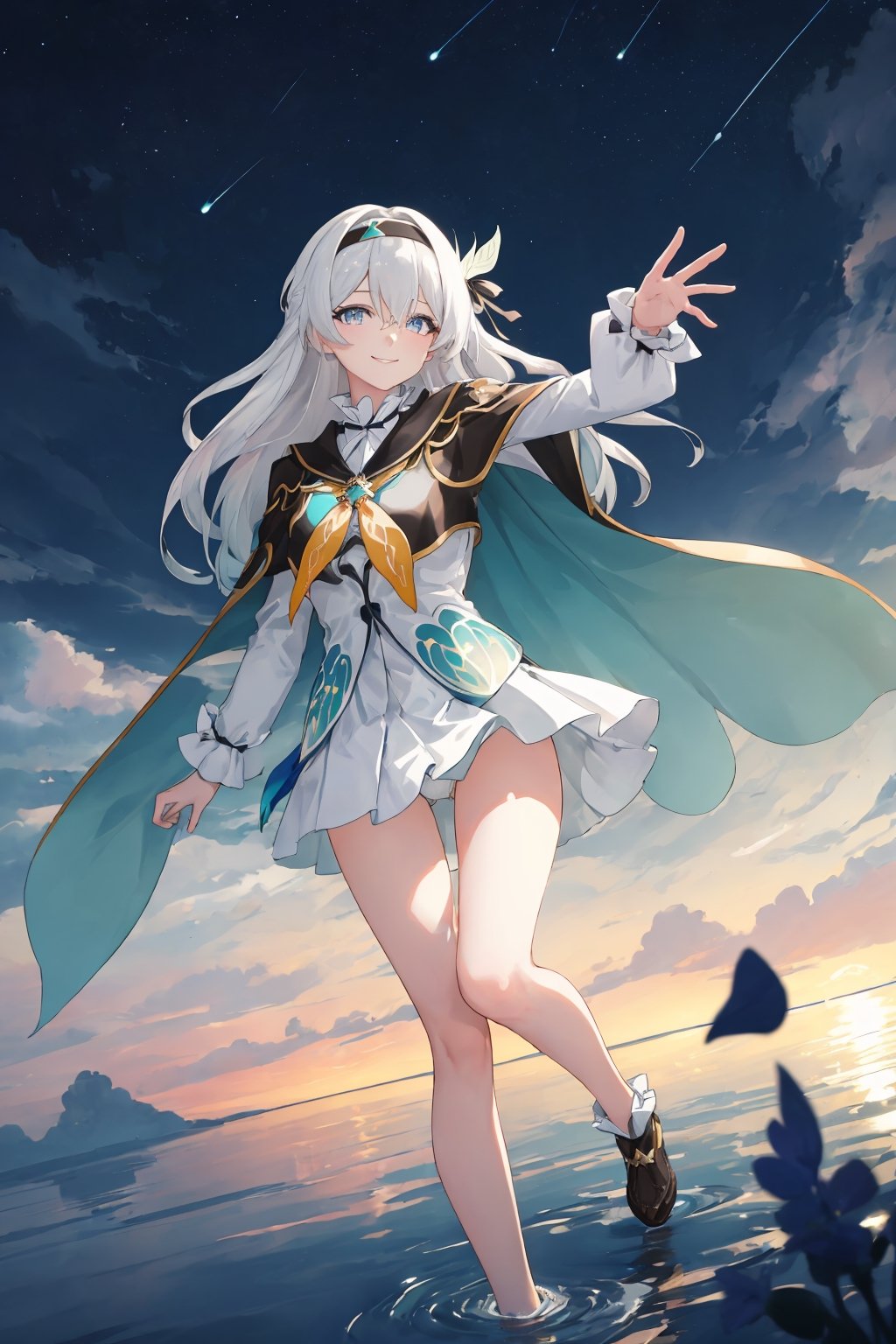 best quality, masterpiece, highres, ,firefly \(honkai: star rail\), 1girl, solo, long hair, smile, blue eyes, closed mouth, looking at viewer, outdoors, bangs, long sleeves, hair ornament, hairband, hair between eyes, cloudy sky, turquoise cape, blue sky, star \(sky\), night sky, white hair, full body, white shirt,  viewed from front , flowing white skirt, revealing thighs, leaning_back, standing , very low camera angle shot, low-angle_shot, white panties , leg_spread