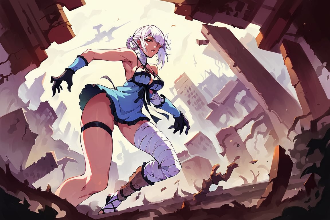 score_9, score_8_up, score_7_up, score_6_up, source_anime, BREAK masterpiece, KaineRep,white hair, breasts, negligee, bandaged arm, bandaged leg, thigh strap, hair flower, braid, asymmetrical hair, asymmetrical legwear, gloves, full body ,sexy pose, stitting down position, low camera angle  , ruins, city, overgrown vegetation, parted lips, ,