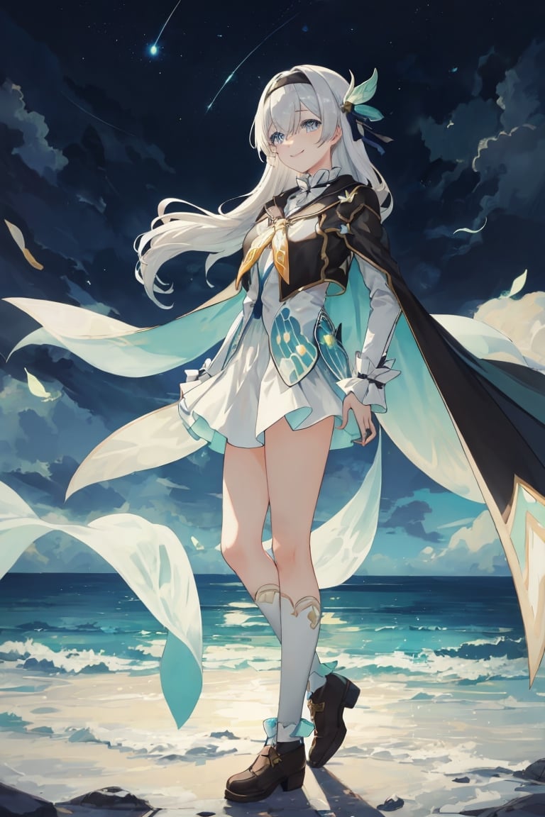 best quality, masterpiece, highres, ,firefly \(honkai: star rail\), 1girl, solo, long hair, smile, blue eyes, closed mouth, looking at viewer, outdoors, bangs, long sleeves, hair ornament, hairband, hair between eyes, cloudy sky, turquoise cape, blue sky, star \(sky\), night sky, white hair, full body, white shirt,  viewed from side, flowing white skirt, revealing thighs, standing 