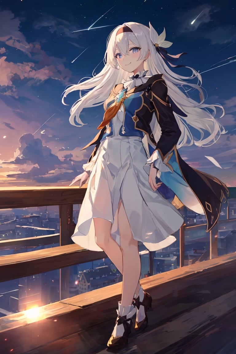 best quality, masterpiece, highres, ,firefly \(honkai: star rail\), 1girl, solo, long hair, smile, blue eyes, closed mouth, looking at viewer, outdoors, bangs, long sleeves, hair ornament, hairband, hair between eyes, cloudy sky, red cape, blue sky, star \(sky\), night sky, white hair, upper body, white shirt, railing,