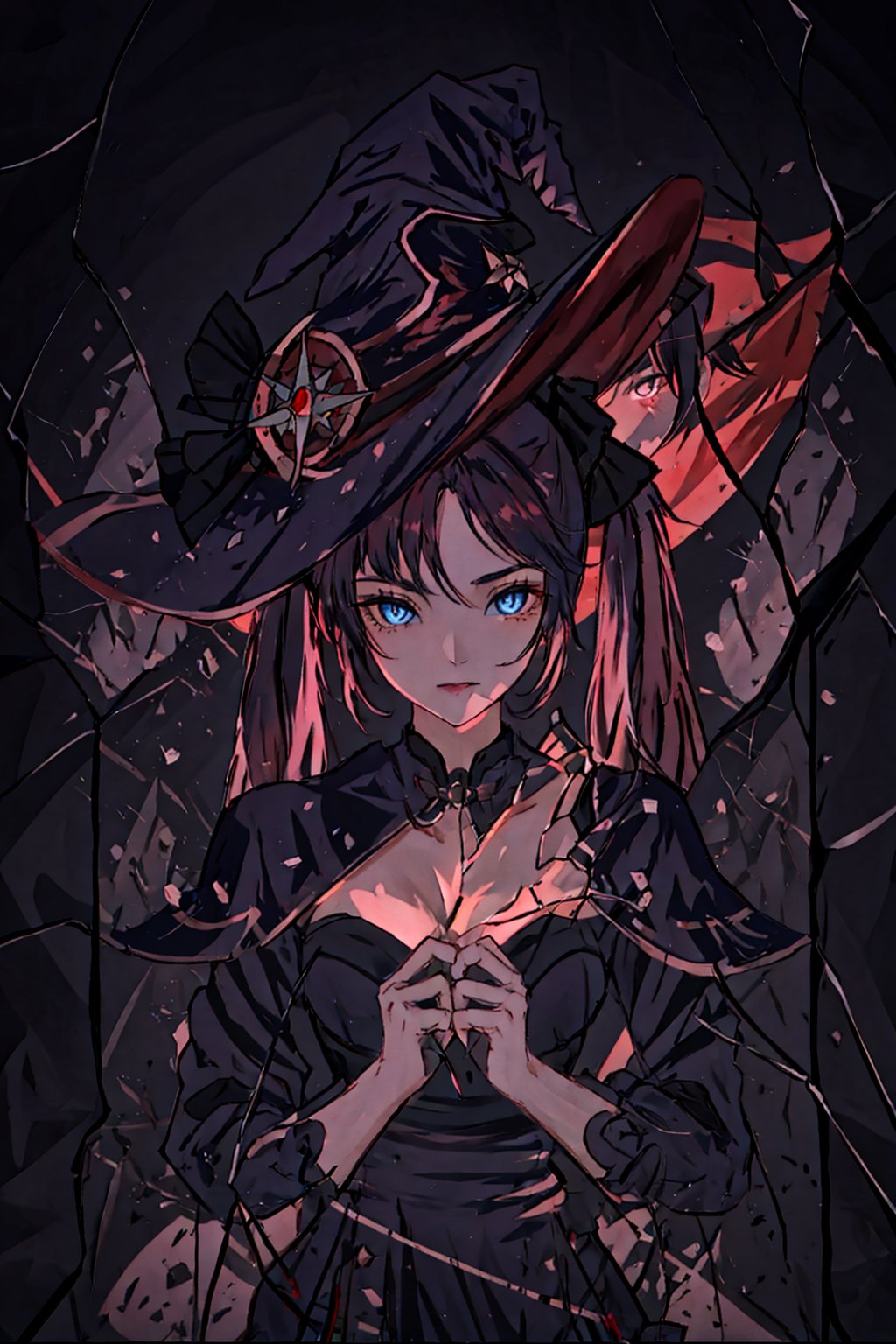 masterpiece, best quality,glass, broken glass,  female focus,  , cute, upper body, looking at viewer, 1girl,  black background, reflection, glowing, cowboy shot ,feminine, cleavage cutout,maroon hair ,mona_genshin,mona_genshin, default_dress, witch hat, twintails,default_dress,witch hat, immersive atmosphere 