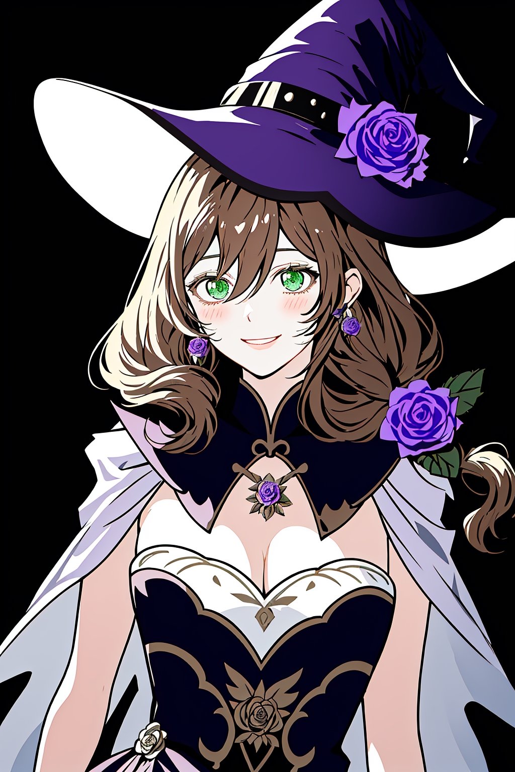 best quality, masterpiece, highres, solo, long_hair, green_eyes, bangs, brown_hair, flower, breasts, smile, hat, rose, cleavage, large_breasts, purple_flower, witch_hat, hair_between_eyes, purple_headwear, hair_ornament, jewelry, hair_flower, purple_rose, hat_flower, blush,lisa_genshin,portrait,dark background, simple dark background,  dark background ,full_body,long_hair,illustration,line anime, armpits, face close-up , close up shot