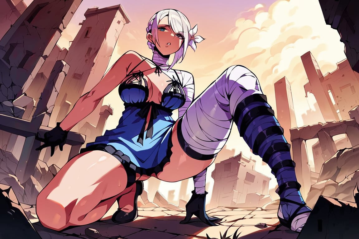 score_9, score_8_up, score_7_up, score_6_up, source_anime, BREAK masterpiece, KaineRep,white hair, breasts, negligee, bandaged arm, bandaged leg, thigh strap, hair flower, braid, asymmetrical hair, asymmetrical legwear, gloves, full body ,sexy pose, crouched position, low camera angle  , ruins, city, overgrown vegetation, parted lips, ,