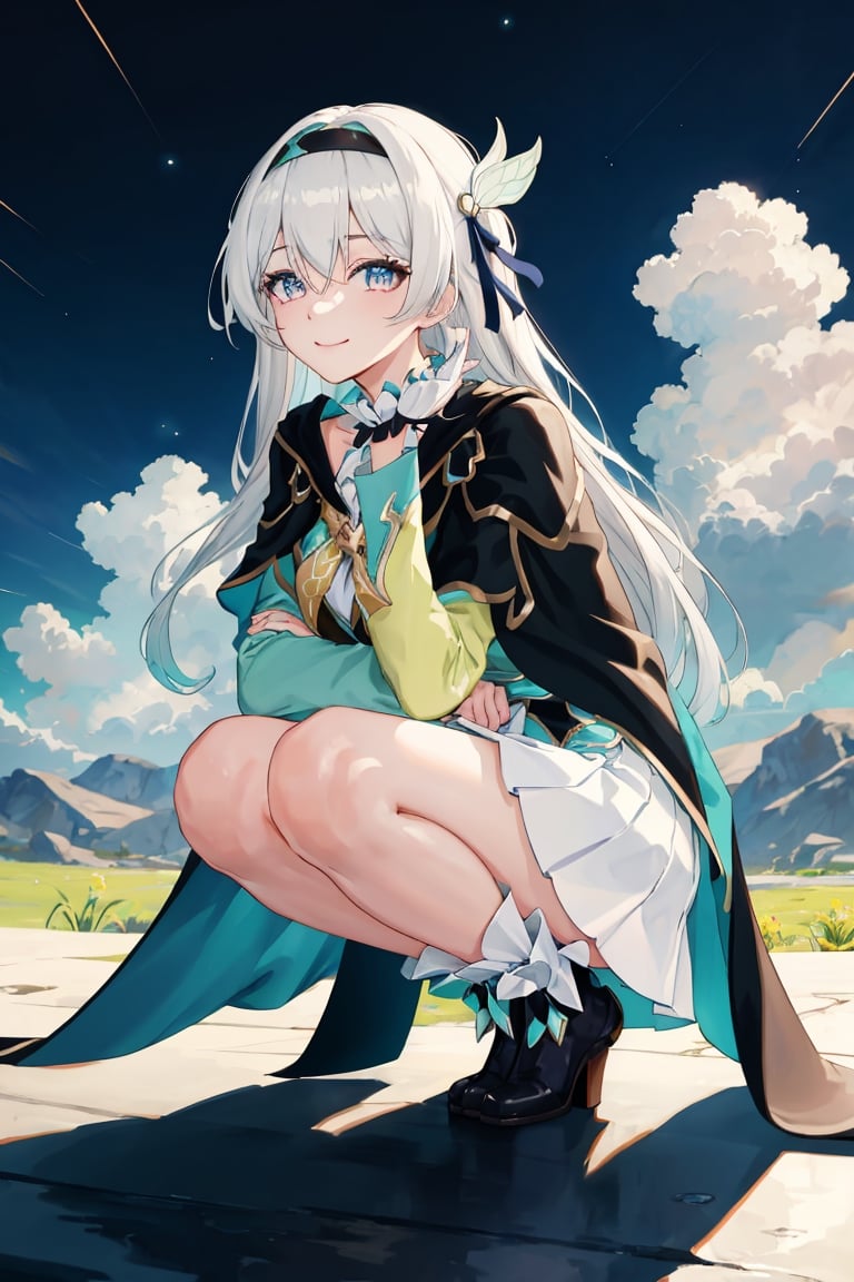 best quality, masterpiece, highres, ,firefly \(honkai: star rail\), 1girl, solo, long hair, smile, blue eyes, closed mouth, looking at viewer, outdoors, bangs, long sleeves, hair ornament, hairband, hair between eyes, cloudy sky, turquoise cape, blue sky, star \(sky\), night sky, white hair, full body, white shirt, flowing white skirt, revealing thighs, squatting