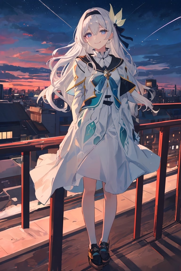 best quality, masterpiece, highres, ,firefly \(honkai: star rail\), 1girl, solo, long hair, smile, blue eyes, closed mouth, looking at viewer, outdoors, bangs, long sleeves, hair ornament, hairband, hair between eyes, cloudy sky, red cape, blue sky, star \(sky\), night sky, white hair, upper body, white shirt, railing,line anime