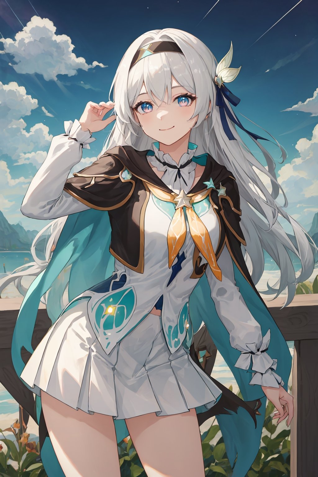 best quality, masterpiece, highres, ,firefly \(honkai: star rail\), 1girl, solo, long hair, smile, blue eyes, closed mouth, looking at viewer, outdoors, bangs, long sleeves, hair ornament, hairband, hair between eyes, cloudy sky, turquoise cape, blue sky, star \(sky\), night sky, white hair, upper body, white shirt, railing, viewed from front , white skirt, revealing thighs, leaning_forward , standing far away