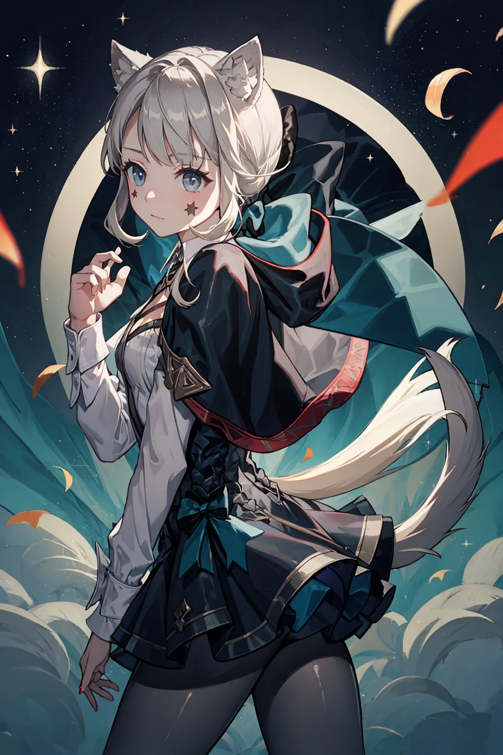 masterpiece, best quality ,1girl,lynette,hair bow,animal ears,grey hair,short hair,facial mark, bow,ribbon,capelet,black pantyhose, low ponytail, tail,starry,air bubble, 