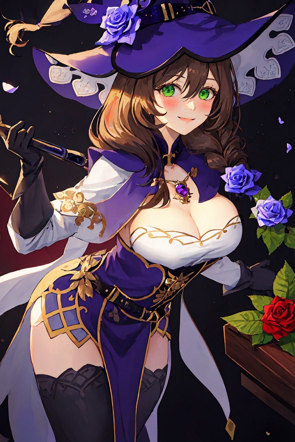 best quality, masterpiece, highres, solo, long_hair, green_eyes, bangs, brown_hair, flower, breasts, smile, hat, rose, cleavage, large_breasts, purple_flower, witch_hat, hair_between_eyes, purple_headwear, hair_ornament, jewelry, hair_flower, purple_rose, hat_flower, blush,lisa_genshin,portrait,dark background, simple dark background,  dark background , bending over , leaning_forward, leaning_forward  , standing and leaning,full_body,long_hair