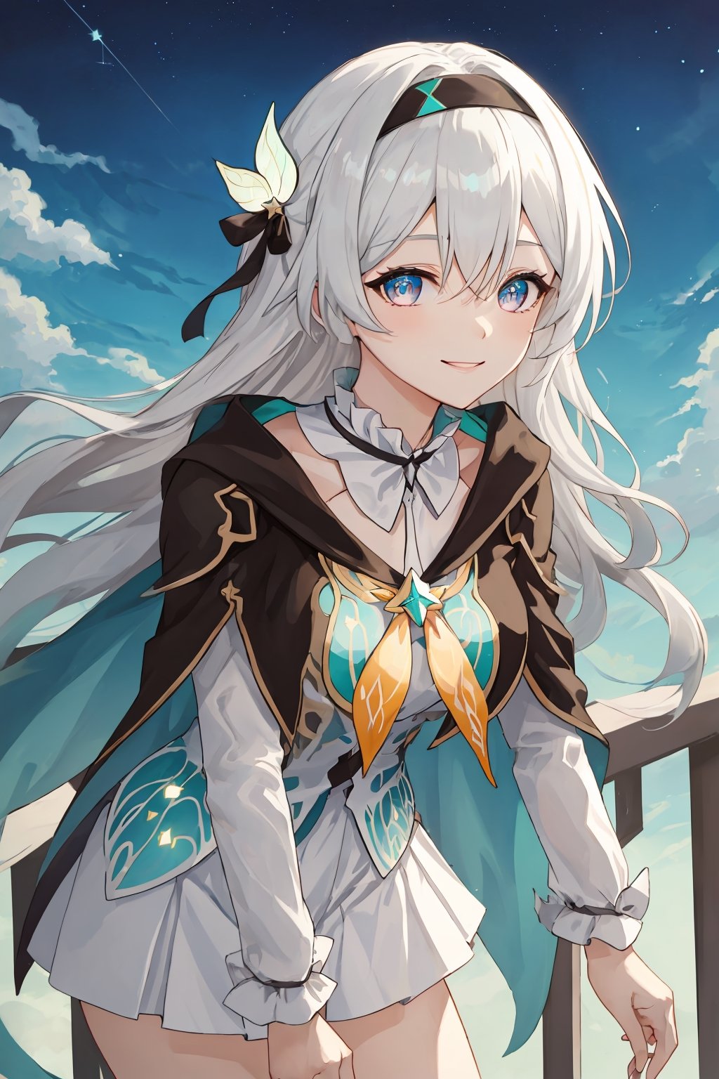 best quality, masterpiece, highres, ,firefly \(honkai: star rail\), 1girl, solo, long hair, smile, blue eyes, closed mouth, looking at viewer, outdoors, bangs, long sleeves, hair ornament, hairband, hair between eyes, cloudy sky, turquoise cape, blue sky, star \(sky\), night sky, white hair, upper body, white shirt, railing, viewed from front , white skirt, revealing thighs, leaning_forward , upclose 