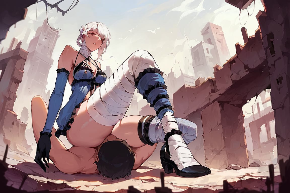 score_9, score_8_up, score_7_up, score_6_up, source_anime, BREAK masterpiece, KaineRep,white hair, breasts, negligee, bandaged arm, bandaged leg, thigh strap, hair flower, braid, asymmetrical hair, asymmetrical legwear, gloves, full body ,sexy pose, stitting down position, low camera angle  , ruins, city, overgrown vegetation, parted lips, ,