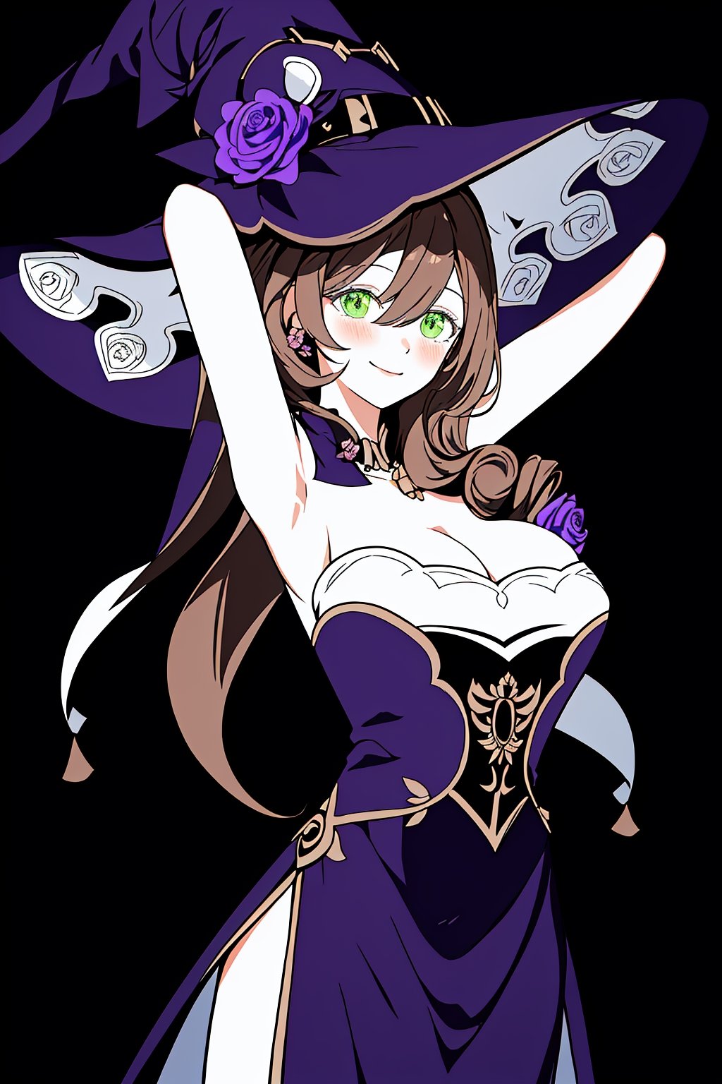 best quality, masterpiece, highres, solo, long_hair, green_eyes, bangs, brown_hair, flower, breasts, smile, hat, rose, cleavage, large_breasts, purple_flower, witch_hat, hair_between_eyes, purple_headwear, hair_ornament, jewelry, hair_flower, purple_rose, hat_flower, blush,lisa_genshin,portrait,dark background, simple dark background,  dark background ,full_body,long_hair,illustration,line anime, arms_above_head, armpits, face close-up 