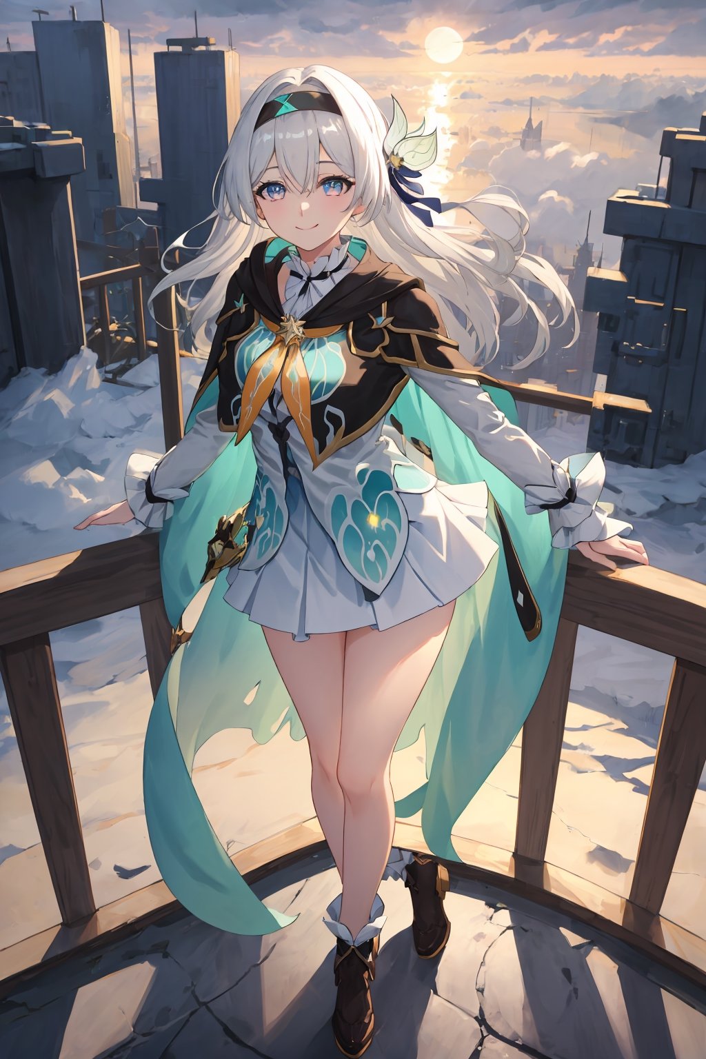 best quality, masterpiece, highres, ,firefly \(honkai: star rail\), 1girl, solo, long hair, smile, blue eyes, closed mouth, looking at viewer, outdoors, bangs, long sleeves, hair ornament, hairband, hair between eyes, cloudy sky, turquoise cape, blue sky, star \(sky\), night sky, white hair, full body, white shirt, railing, viewed from front , white skirt, revealing thighs, leaning_back, standing far away