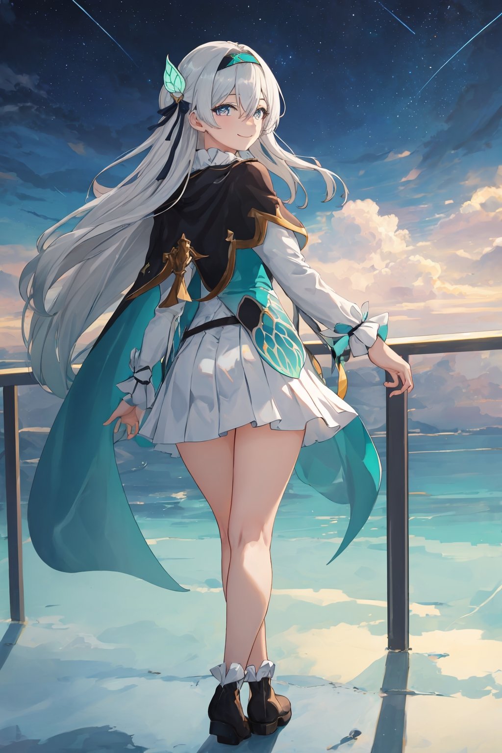 best quality, masterpiece, highres, ,firefly \(honkai: star rail\), 1girl, solo, long hair, smile, blue eyes, closed mouth, looking at viewer, outdoors, bangs, long sleeves, hair ornament, hairband, hair between eyes, cloudy sky, turquoise cape, blue sky, star \(sky\), night sky, white hair, full body, white shirt, railing, viewed from behind , white skirt, revealing thighs