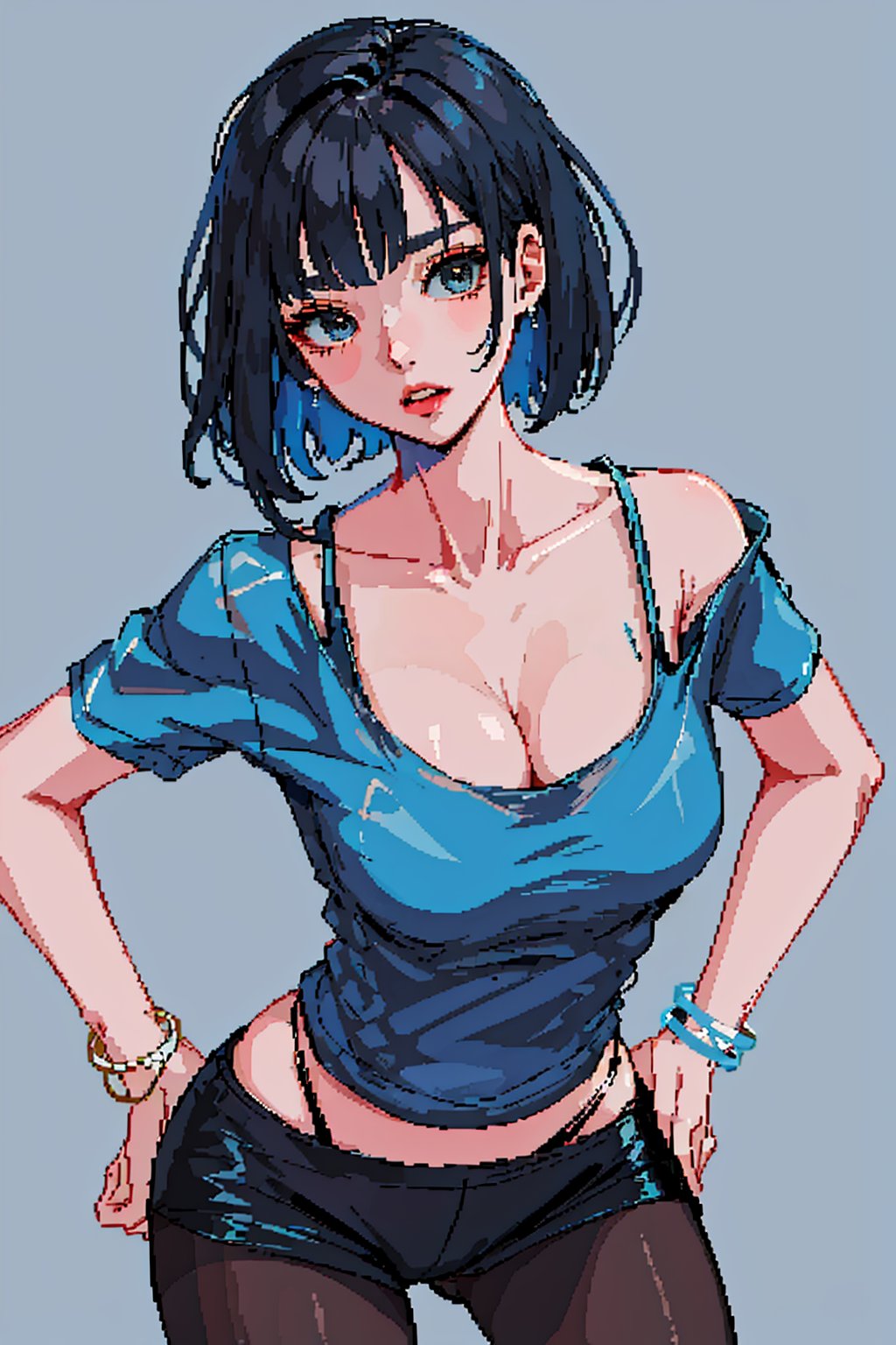 (masterpiece:1.2, best quality), 1lady, solo, (upper body),
Elegant and casual turquoise tshirt with simple designs
makeup,(blue theme)
,dark solid color background,
sleek bob,black_hair,red arm_bracelet,sexy,visible v line ,visible waist,wearing pantyhose,cleavage,leaning_forward,pixel_art