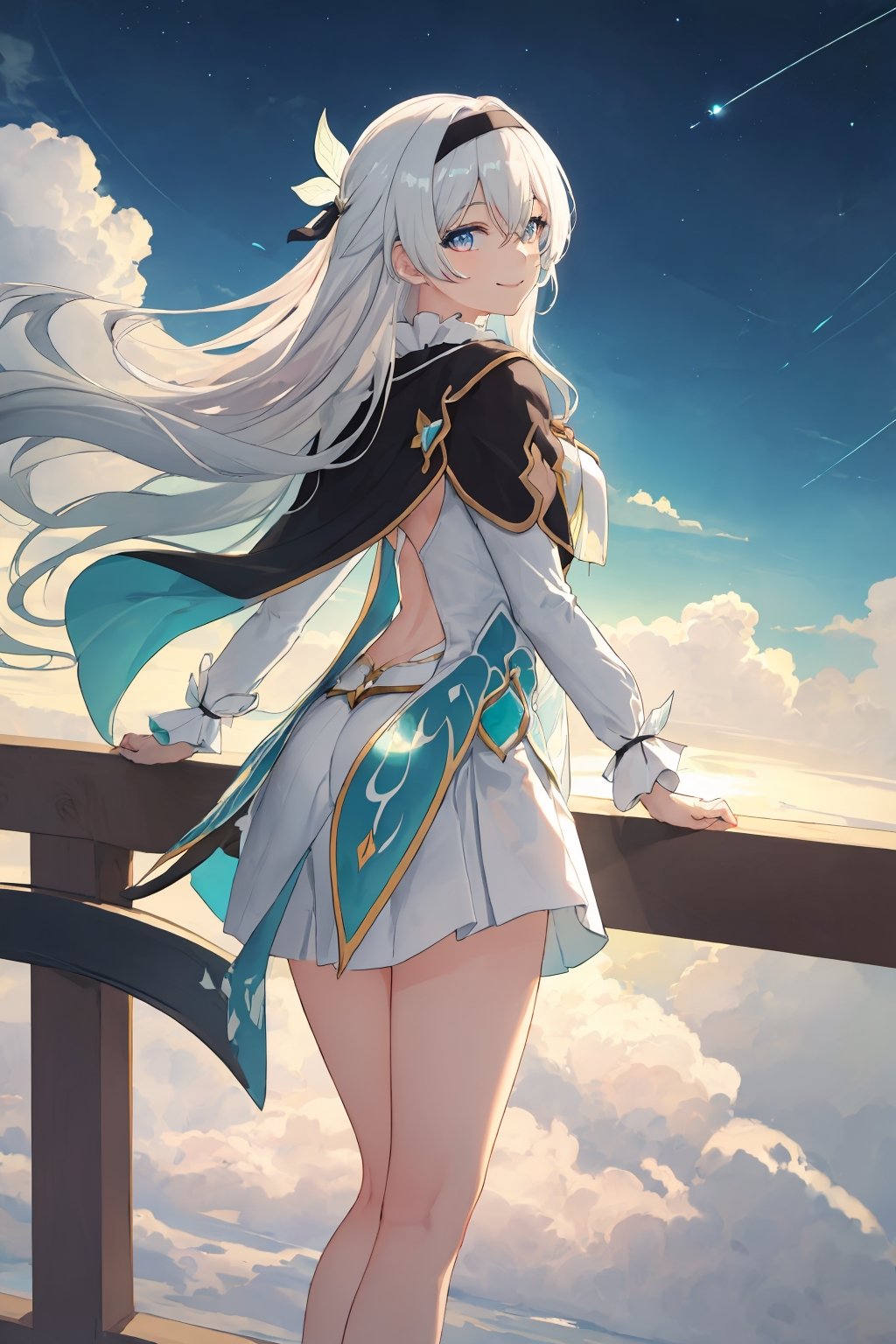 best quality, masterpiece, highres, ,firefly \(honkai: star rail\), 1girl, solo, long hair, smile, blue eyes, closed mouth, looking at viewer, outdoors, bangs, long sleeves, hair ornament, hairband, hair between eyes, cloudy sky, turquoise cape, blue sky, star \(sky\), night sky, white hair, full body, white shirt, railing, viewed from front , flowing white skirt, revealing thighs, leaning_back, standing far away, very low camera angle shot, low-angle_shot, white panties