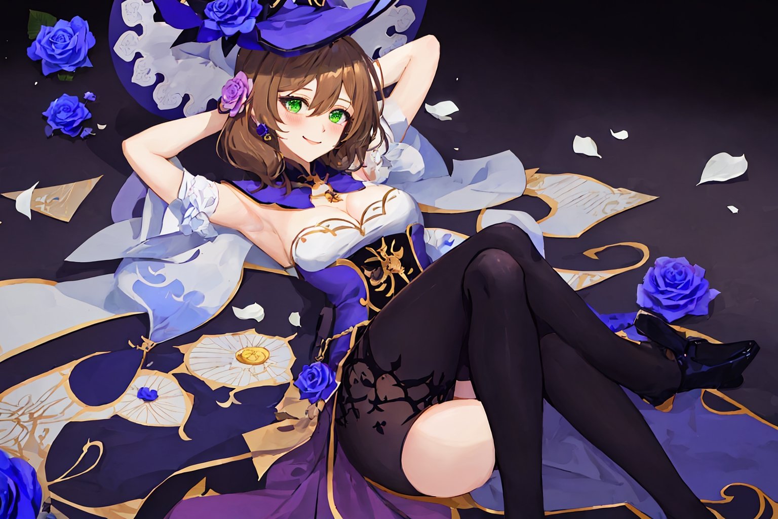 best quality, masterpiece, highres, solo, short_hair, green_eyes, bangs, brown_hair, flower, breasts, smile, hat, rose, cleavage, medium_breasts, purple_flower, witch_hat, hair_between_eyes, purple_headwear, hair_ornament, jewelry, hair_flower, purple_rose, hat_flower, blush,lisa_genshin,portrait,dark background, simple dark background,  dark background ,full_body,long_hair,illustration,line anime,, full_body, laying_down,arms_above_head, armpit, crossed_legs_(lying),sexy thighs 