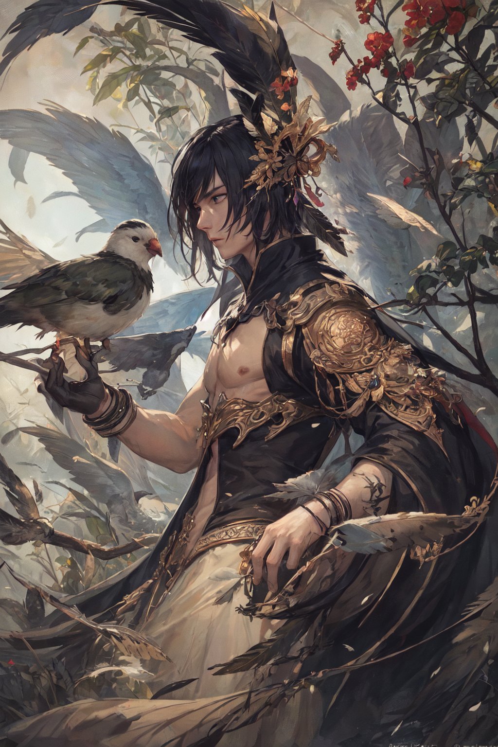 masterpiece, best quality, ultra high res, visually stunning, (abstract art:1.4), 1boy, handsome, masculine, (mysterious,birds, feathers, leaves, flowers:1.2),

