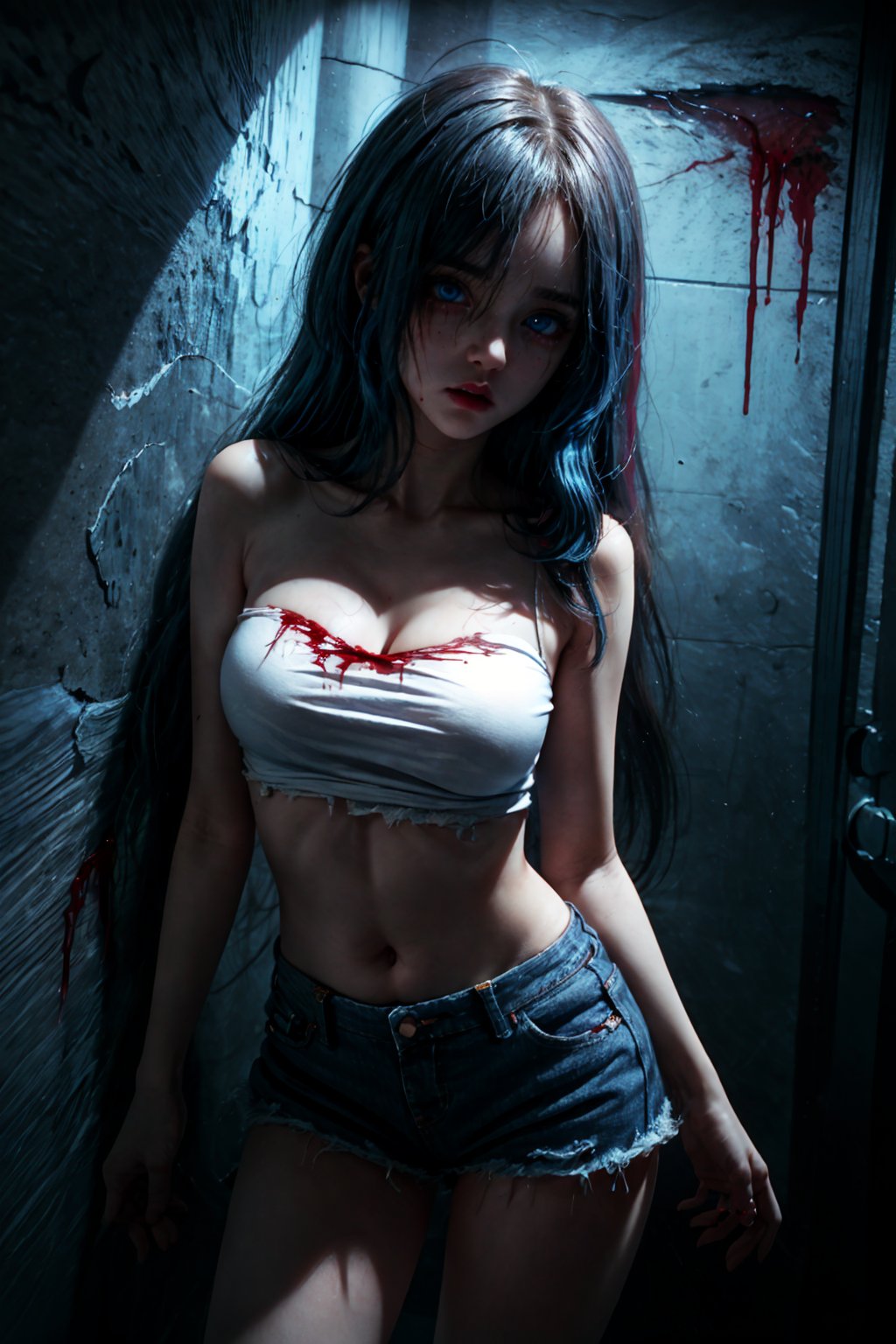 (masterpiece, best quality), 1girl, old jeans, white ripped tshirt, blue eyes, medium breasts, red_blue  hair, long wavy  hair, cheek with blood, horror look, background, a dark spooky old room, slim, poor light,  25 years old, standing_on_corner_room, horror scene, wariza,upshirt,DonMASKTex ,perfecteyes