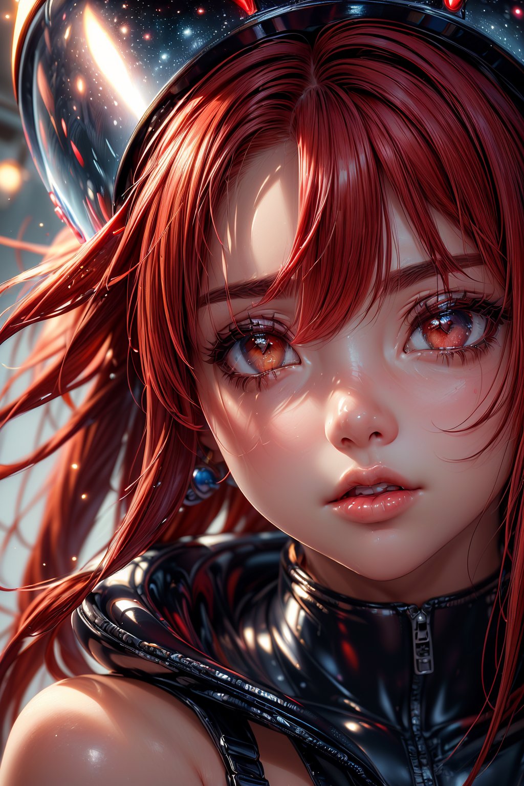 (Close up of a best masterpiece:1.5)0.9], (Space and astronauts) (long messy red hair:) (Heterochromia xanthochromia and red eyes) (space helmet) (colorful stars in the eyes) (A radiant glow) (Thick lips), front view, dynamic pose, hair covers her face, sakura haruno