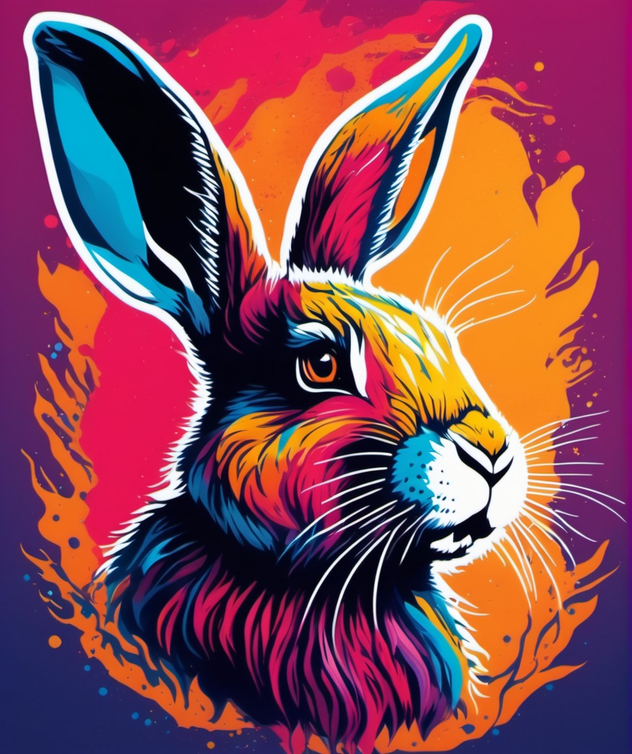 Rabbit head t-shirt art in vibrant colors, whit background