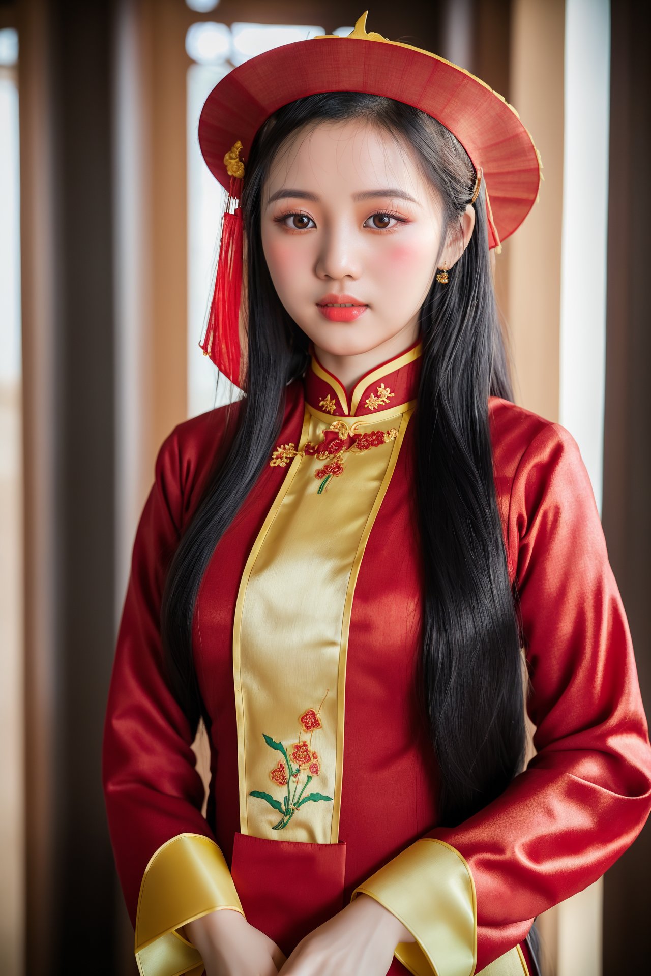 vietnamese girl wearing traditional ao dai,wearing Vietnamese conical hats, photography, eyes beaty, ((long black hair)), (((Red Ao Dai))), soft light, sharp focus, full body, raw photo, shot with canon 5d, ultra realistic