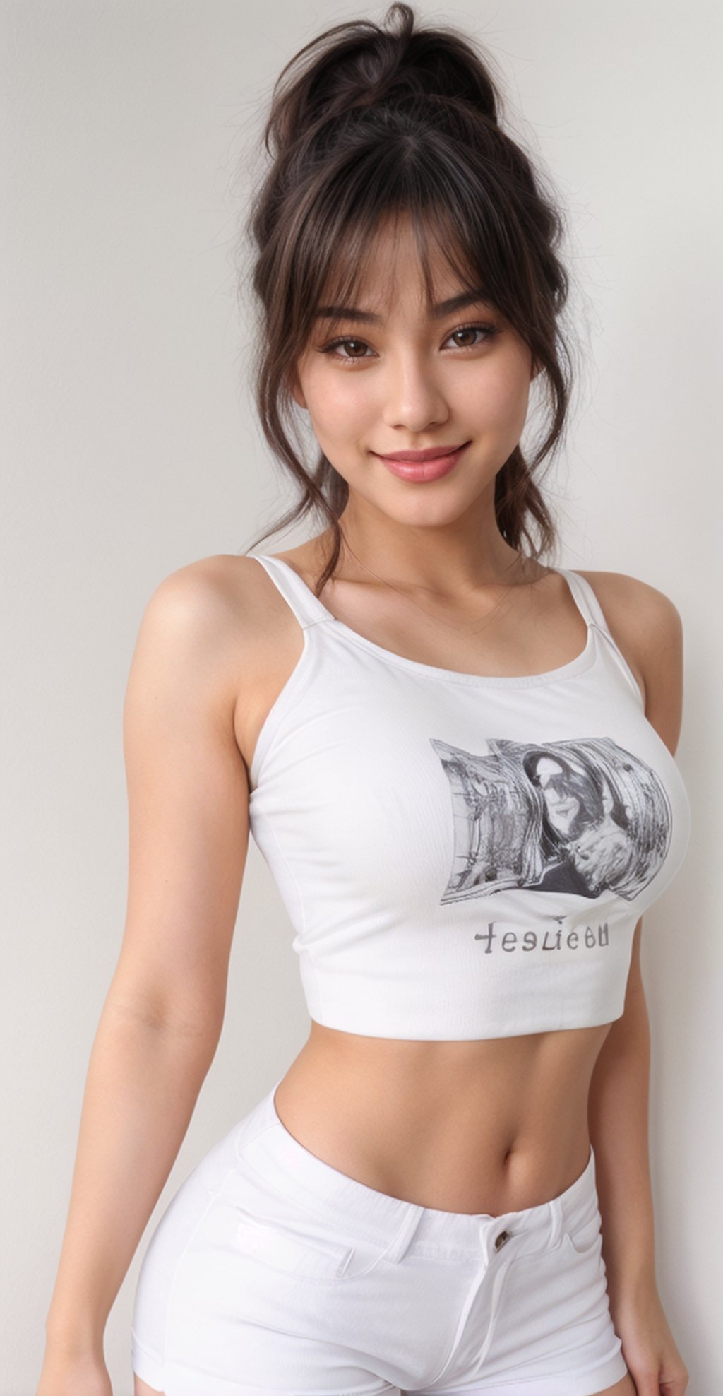 young asian woman smiling beautiful body die, smiling beautiful, photorealistic, an attractive woman wearing croptop t-shirt, extremely detailed eyes, white background, day soft lighting,