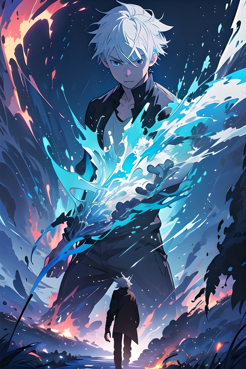 "Craft a highly detailed and emotionally charged depiction of Gojo Satoru in an epic fight, white short hair, with his intense blue eyes and white hair accentuated against a backdrop of roaring flames, drawing inspiration from the captivating style of Makoto Shinkai."